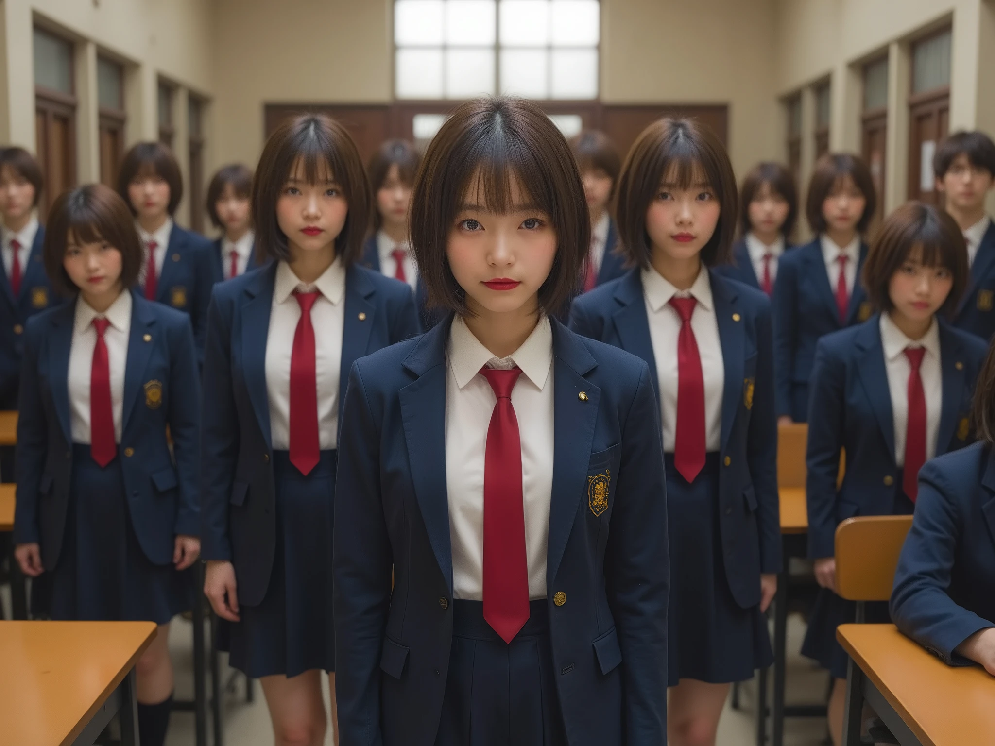  school classroom、Lots of female students 、That's a nasty smile、 blazer、 white shirt、 red tie、 skirt 