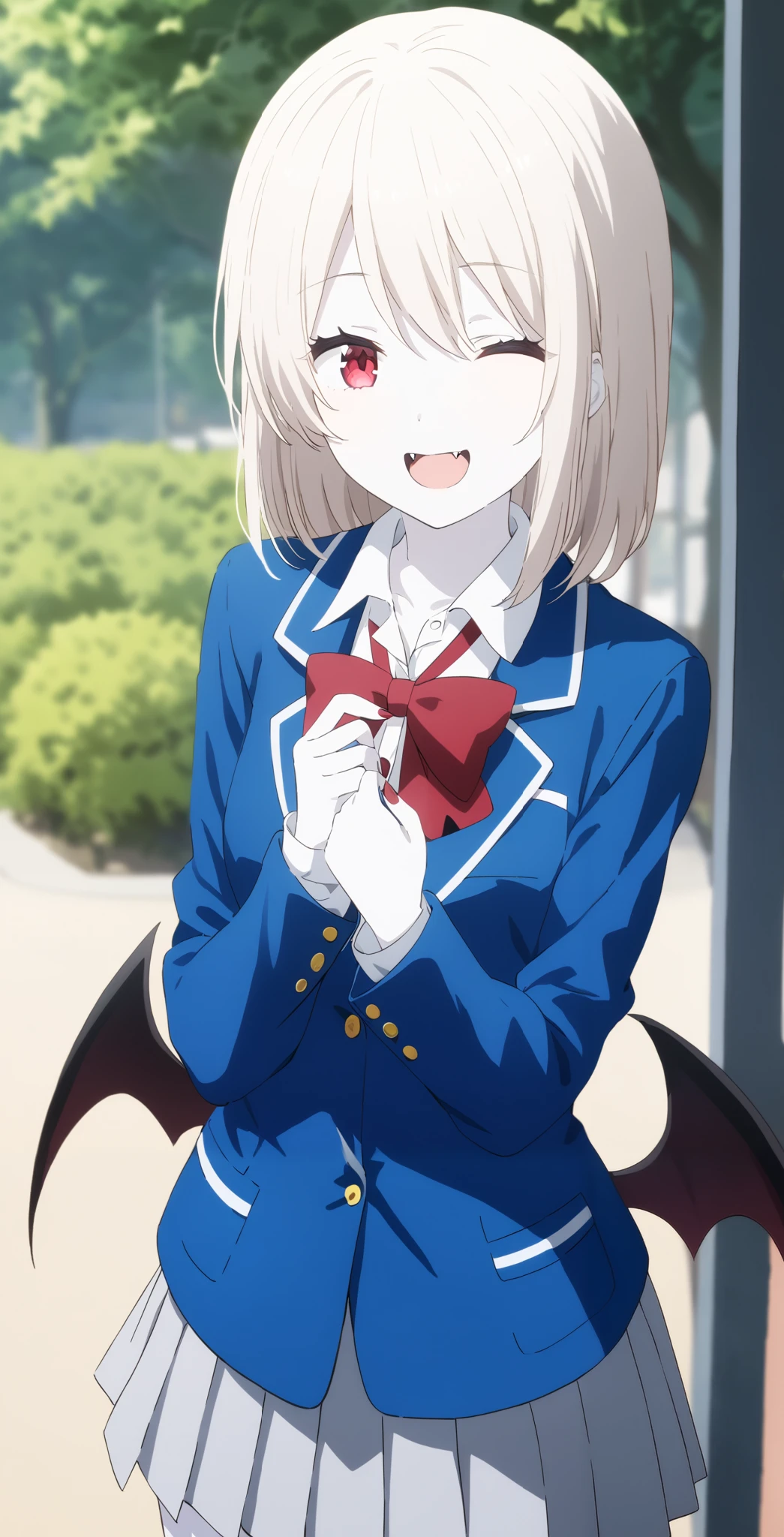  score_9,  score_8_ up,  score_7_ up,  source_Anime,  high definition , Anna,  1 girl in the best, Alone,  school uniform ,  red eyes,  jacket ,  shirt, bow, white  shirt, blue  jacket , collared  shirt,  blazer, red bow,  medium hair , bowtie, bangs, Pure white hair,  skirt ,  upper body, pure white and pale skin, has sharp fangs growing outdoors , surprised face ,全身 pure white and pale skin, pure white hair,Red nails,Extremely sharp nails ,,vampire,vampire化小早川杏奈,Fingers５Books, bat wings are growing from the back、I cover my mouth with my hands,pure white and pale hair,Both eyes are closed,Smile with a smile on your mouth 