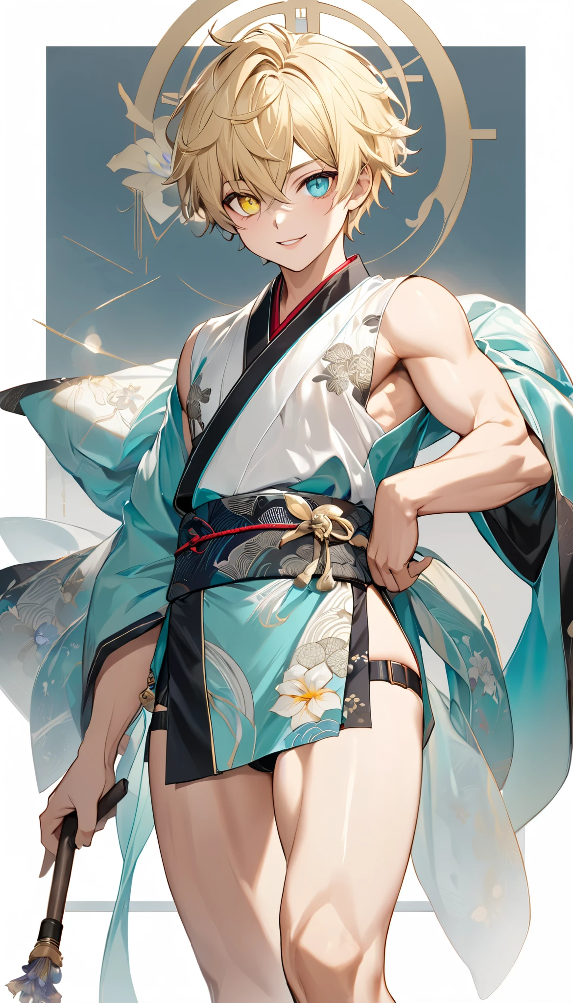 fresh illustration ,
Superfine painting,
very delicate illustration ,
Very fine details ,
1boy ,
(( standing))
Alone,
Height: 158cm,
Beige Skin,
Cheeks are ruddy,
((The iris on the left is medium aquamarine and the iris on the right is yellow ))
((Complete iris heterochromia )),
beautiful eyes,
large black pupils ,
Short short hair,
Blonde,
the tips of the hair are whitish ,
The hair has gradation ,
shiny hair with makeup,
young but beautiful and bewitching face ,
The lips are extremely small,
is smiling,
a small halo that shines brightly on the head ,
the tips of the eyebrows are slightly lowered ,
the upper body is worn in kimono ,
thin pectoral muscle,
six pack,
ddler body type,
Slim waist,
thin legs ,
The lower body is long, transparent clothing in the style of a Chinese dress with slits on both hips,
The color of the obi is red ,,
the obi is tastefully embroidered with silver thread ,
fine fabric clothing ,
Jockstrap underwear claims to be male,
the thigh strap cuts into the skin ,
Are the tips of long boots Japanese style,
Isometric,
golden ratio,
god々 atmosphere,
wearing a padded collar innerwear ,
white background,
tactical use of shadows ,
the ring of the head and hair fit inside the frame ,
Clothes fit inside the frame ,
(( full shot))
facing the front,