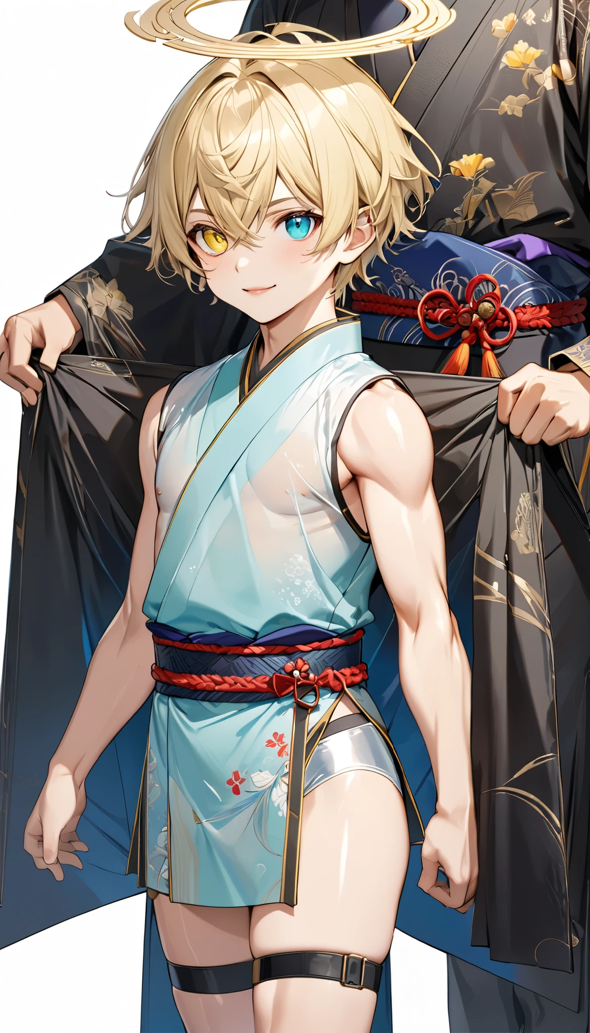 fresh illustration ,
Superfine painting,
very delicate illustration ,
Very fine details ,
1boy ,
(( standing))
Alone,
Height: 158cm,
Beige Skin,
Cheeks are ruddy,
((The iris on the left is medium aquamarine and the iris on the right is yellow ))
((Complete iris heterochromia )),
beautiful eyes,
large black pupils ,
Short short hair,
Blonde,
the tips of the hair are whitish ,
The hair has gradation ,
shiny hair with makeup,
young but beautiful and bewitching face ,
The lips are extremely small,
is smiling,
a small halo that shines brightly on the head ,
the tips of the eyebrows are slightly lowered ,
the upper body is worn in kimono ,
thin pectoral muscle,
six pack,
ddler body type,
Slim waist,
thin legs ,
The lower body is long, transparent clothing in the style of a Chinese dress with slits on both hips,
The color of the obi is red ,,
the obi is tastefully embroidered with silver thread ,
fine fabric clothing ,
Jockstrap underwear claims to be male,
the thigh strap cuts into the skin ,
Are the tips of long boots Japanese style,
Isometric,
golden ratio,
god々 atmosphere,
wearing a padded collar innerwear ,
white background,
tactical use of shadows ,
the ring of the head and hair fit inside the frame ,
Clothes fit inside the frame ,
(( full shot))
facing the front,