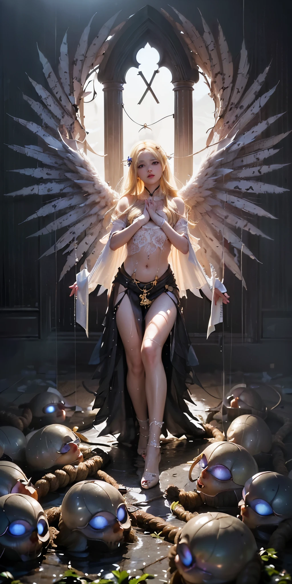 symmetry, portrait, full body shot, 8k, super detail, accurate, best quality, 16k, highres, best quality, award winning, super detail, anatomically correct, masterpiece, retina, UHD, Ombre, Smile, Cleavage, Pure, High heels, Laces, Glitter, No bra, Offshoulder, Highly detailed facial and skin textures, Detailed eyes, (photorealistic:1.4, clear:1.2, perfect body, beauty:1.4, slim abdomen:1.2, big breasts:1.2, fit:1.5, full-body shot:1.4, random hairstyles:1.2), choker, 1 angel girl, shining wings, shining halo, exquisite headdress, beautiful female angel, large wings, white hair, white wings, dress, on clouds, golden eyes, white background, attractive legs, sexy legs, tall legs, beautiful angel, attractive angel, ((full body female angel)), clouds, ((full body photoshoot, full body, far view, full body in view, heels in view, shining halo over head, extremely bright halo, halo)), slim figure