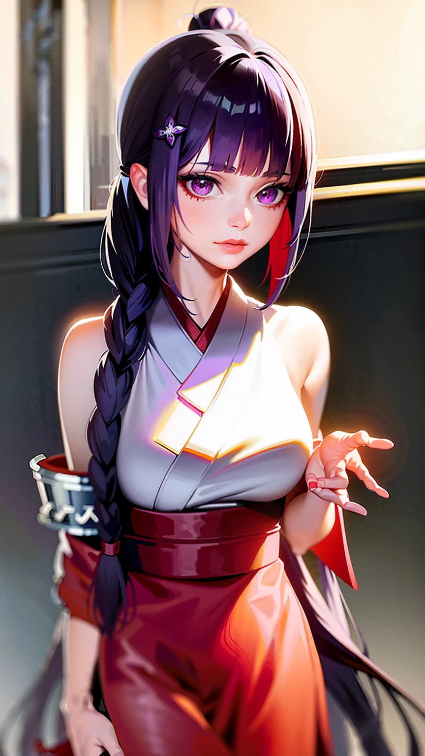 1girll, Blunt bangs, Braid, Wide sleeves, hair adornments, Japanese clothes, red obi, (Purple hair:1.2), Very long hair, Straight hair, view the viewer, highly detailed back ground, (photograph realistic:1.2), Detailed eyes, Red eyeshadow, Depth of field，upper legs, (Ulzzang-6500:0.7), Upper body, (Solo:1.2), (Cyberpunk city:1.1), cleavage, (Place your fingers on your lips:1.1),Shiny skin