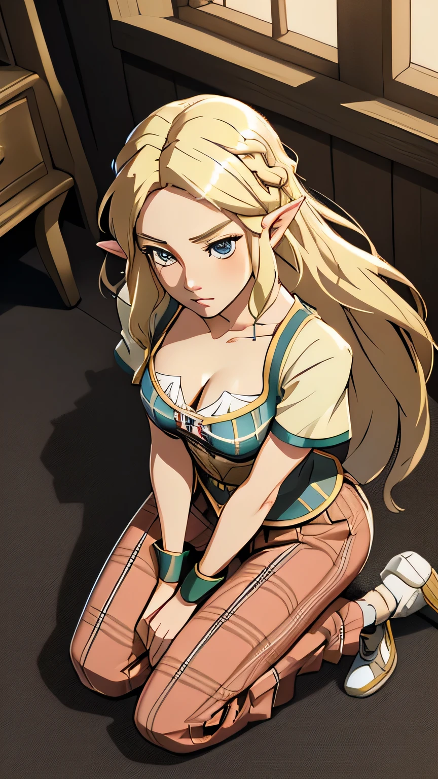 Beautiful 1girl, full body, teenager, solo, (very long waist length blonde hair, straight blonde hair: 1.28), ((light blue eyes, clear skin, (large darker fox ears: 1.35), pale skin, medium breasts, cleavage, (thin hips, thin waist , athletic body: 1.25), ((sitting bound to a chair with thick rope: 1.15)), ((rope bondage:1.3)), ((arms behind back)), (shibari:1.5), (wearing lacy bra & panties: 1.2), masterpiece, best quality,3d rending work ,3DMM style, close-up, portrait, 3D,