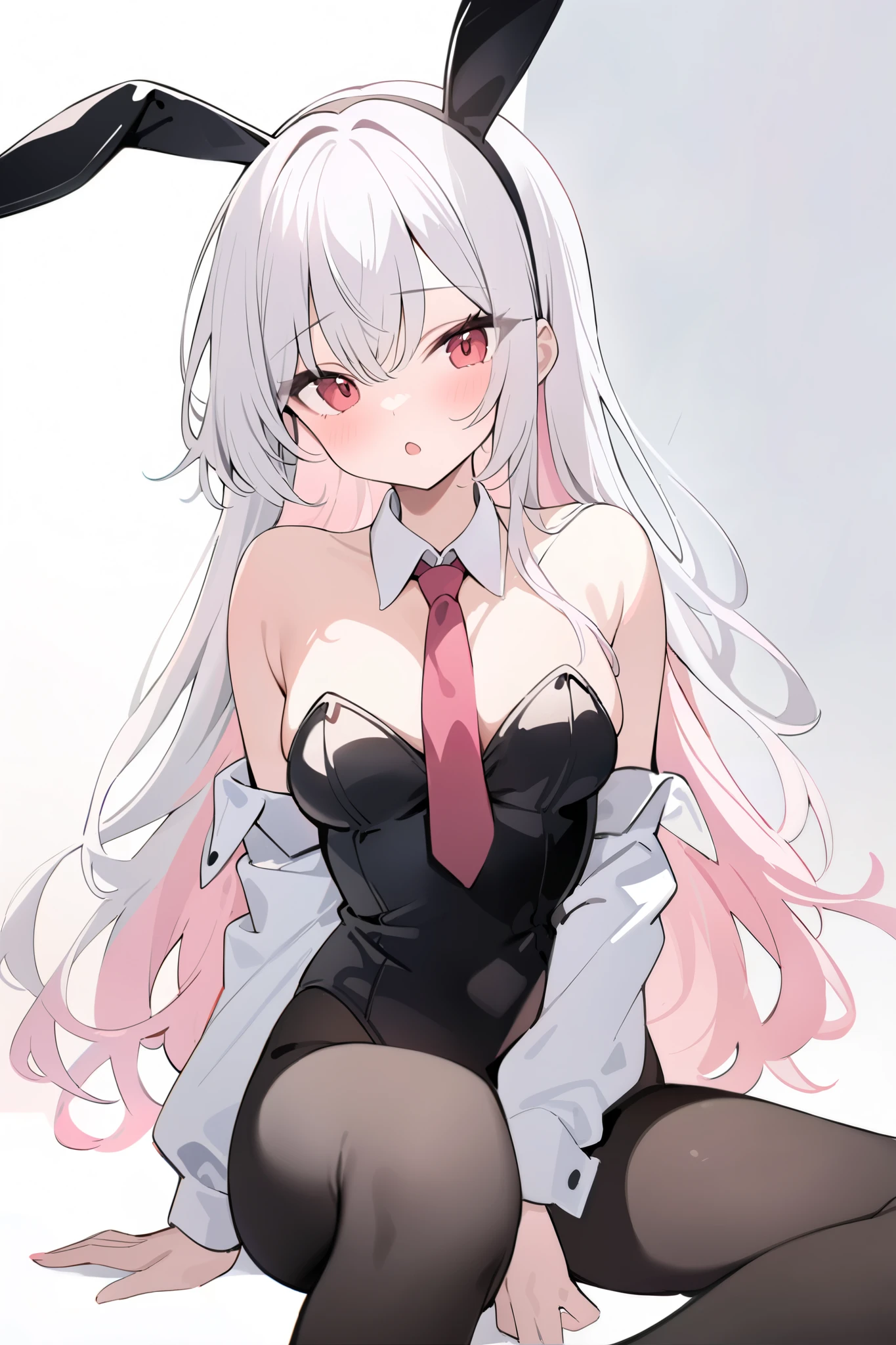 -SpiderApple, 1girl, solo, breasts, animal ears, cleavage, rabbit ears, long hair, red eyes, gloves, looking at viewer, smile, black gloves, white background, pencil skirt, all fours, shirt, skirt, simple background, white hair, white shirt, fake animal ears, black skirt, bangs, blush, thighhighs, large breasts, belt, parted lips, hairband, bra, half gloves, underwear, cleavage cutout, long sleeves, makeup, white bra, miniskirt, clothing cutout, sleeves rolled up, black thighhighs<lora:SpiderApple:0.8>,