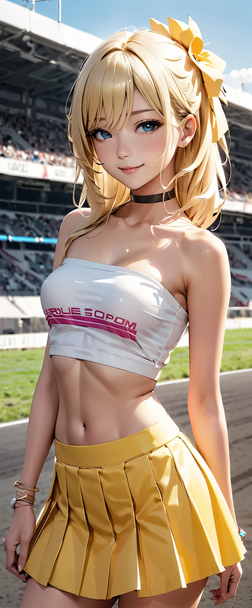 best quality, super high resolution, ( realistic:1.4), One person, small breasts, black choker under the chest, smile, exposes shoulders, focus only , watch viewers,Fair skin,Racetrack, photon mapping, physical based rendering, RAW photos , highly detailed background , K-pop Idol , depth of coverage, hair ornament, detailed face, glowing skin, game cg,whole body, shiny micro mini skirt,shiny micro tube top, Shiny Long Boots , Race Queen,Gloss Lip, skinny,Hold a parasol in your hand