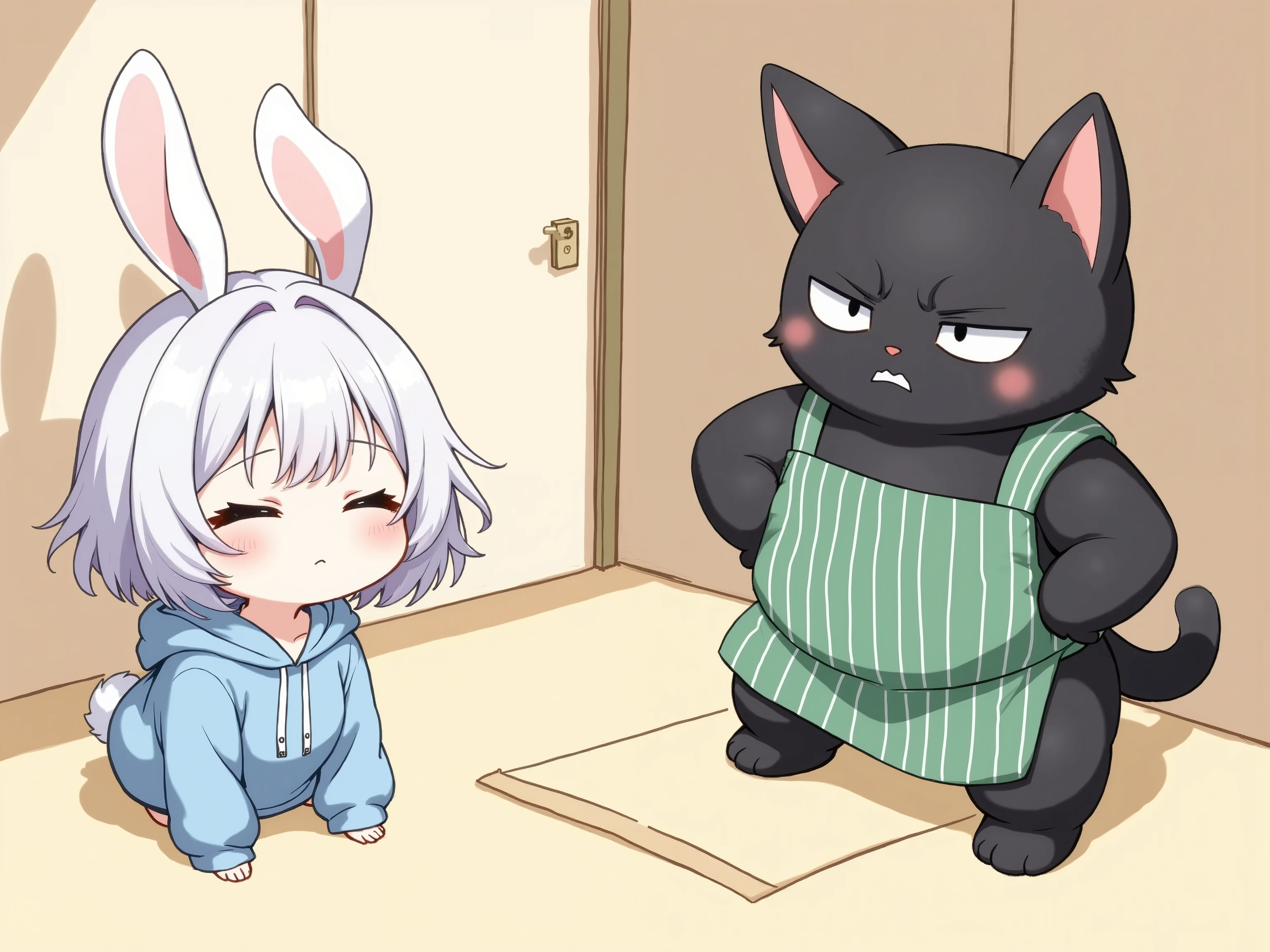 1chibi character and 1 human-like giant black cat,1chibi character\(short hair, bunny ears, closed eyes,white skin,peaceful expression, a girl wearing a hoodie, a hood with rabbit ears,on the left, Dogeza pose,facing right and kneeling. head is on the ground,human-like giant black cat\) ,
1 human-like giant black cat\( human-like giant black cat, wearing a vertical striped green apron, slight taller than the girl, little chubby,Standing on the right, facing left, hands on hips, slightly angry expression,Facing the direction of the chibi character\),full body,From above, a Japanese-style room, lying on a tatami mat,don't look at the audience
