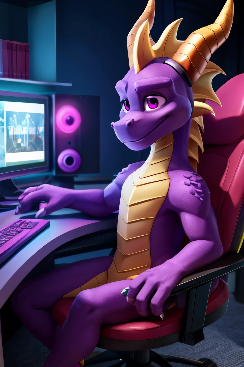 Dragon calf, small, purple scales, magenta accent, detailed magenta eyes, sitting in a gaming chair, wearing chromatic headphones