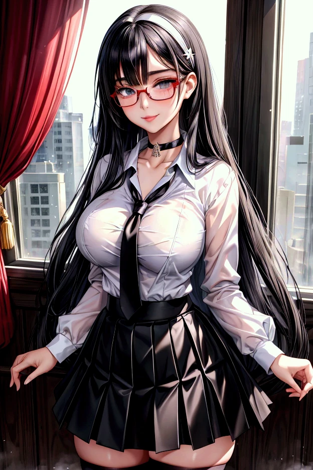 1woman,random office lady fashion,(Thin type),(large breasts),(random sexy pose),(random hairstyle),(Highest image quality,(8K), Ultra-realistic, Best Quality, High quality, High Definition, high quality texture, high detailing, Beautiful detailed, fine detailed, extremely details CG, Detailed texture, realistic representation of face, masterpiece, presence),(wearing glasses:1.2),black pantyhose