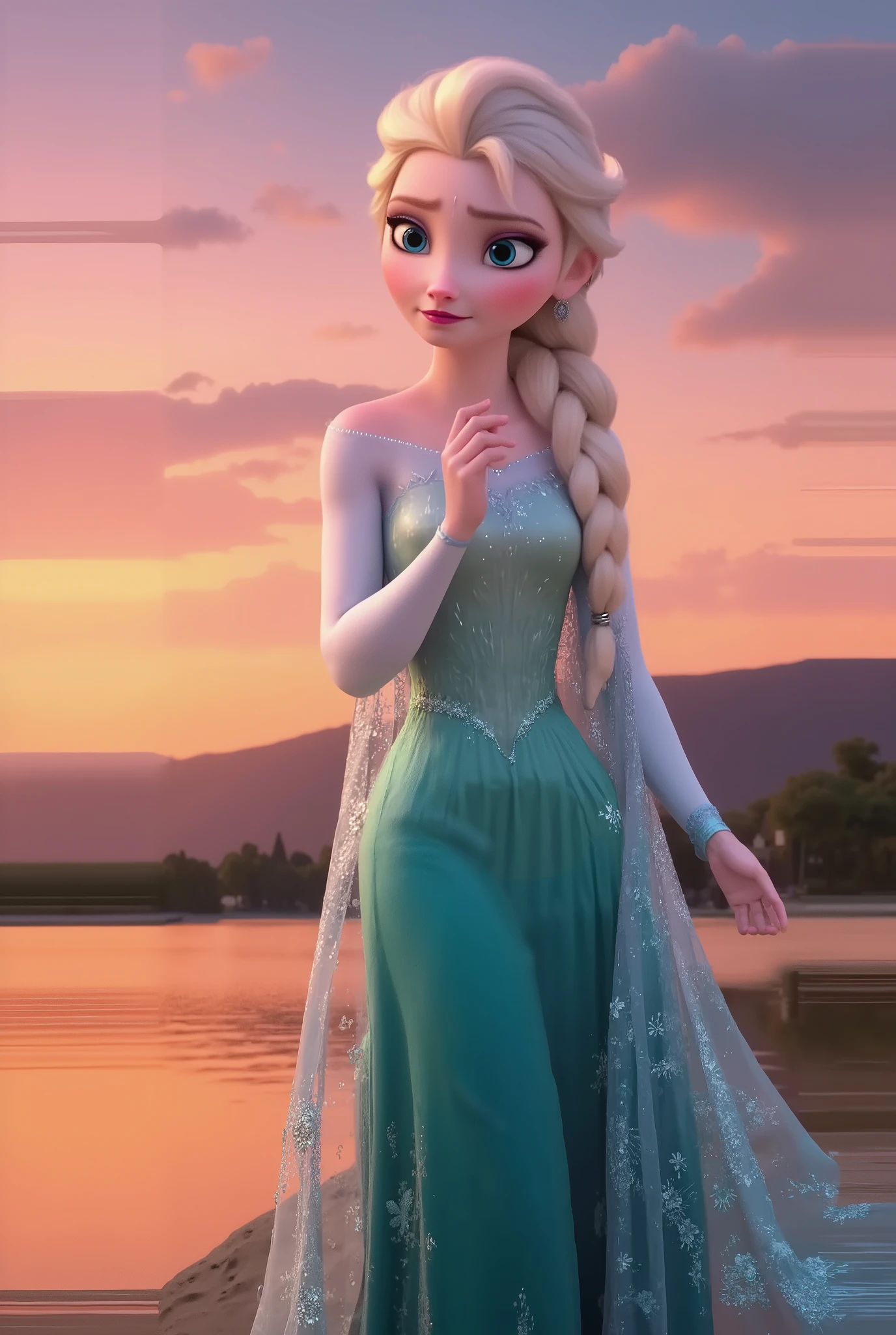 Elsa in white kurti and green dupatta,, 8k , High graphics, realistic , UHD , sunset in background