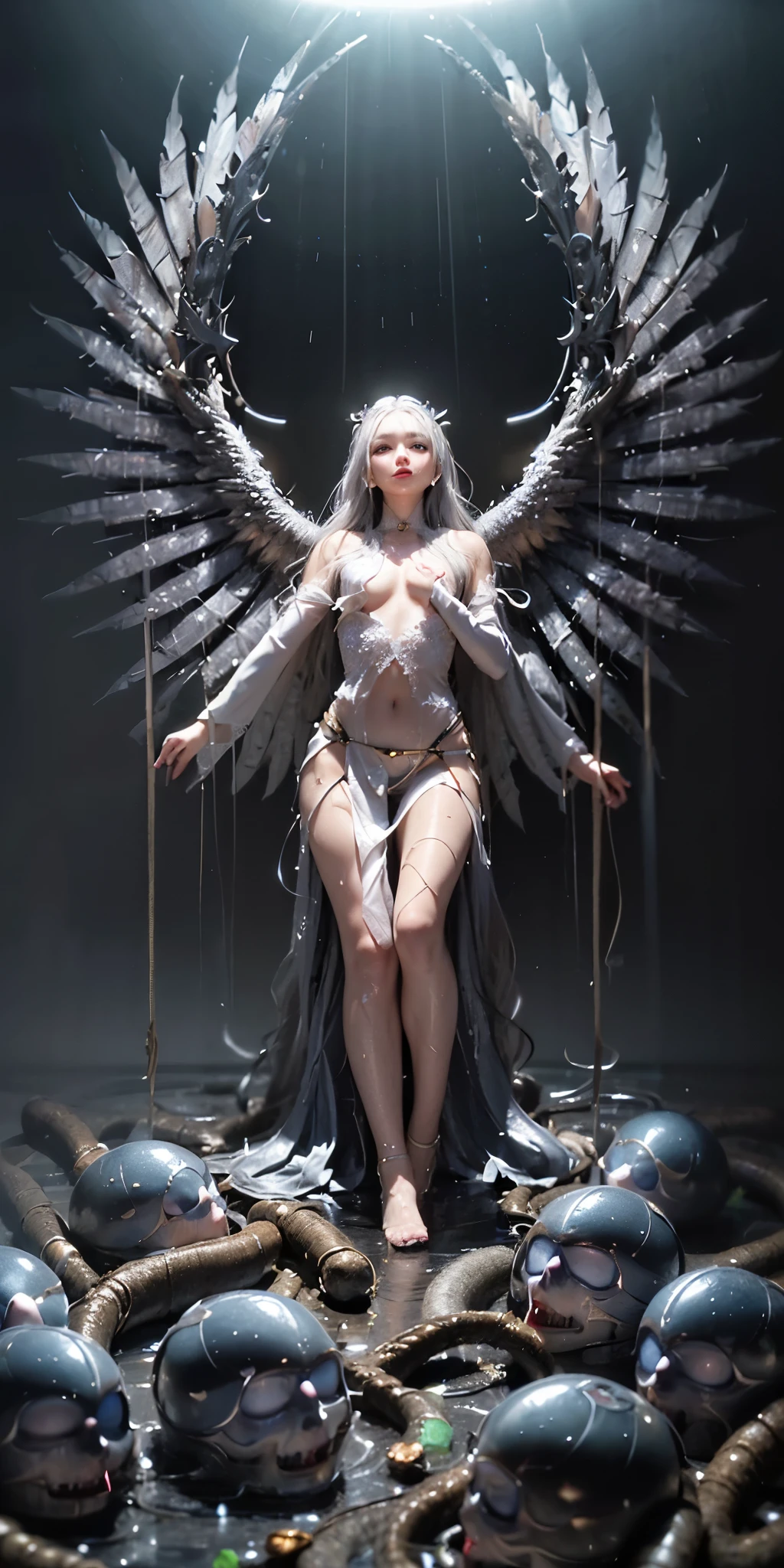 a broken wings angel (broken wings 1.2)kneel down, ethereal, fog surrounded, broken armor(accurate 1.2), broken sword, dark dimension, photo cinematic, motion blur, 8k, superdetailed