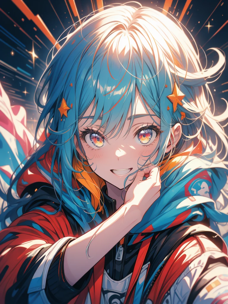  wallpaper, masterpiece, best quality,  1 girl in the best,  shy,  blanking, Intimate,  perfect face,  expressive eyes,  complicated details,  happy, Emotions, soul, emotion, prank,  prank好きな, fun expression, funnny face, break expressive,  colorful, fun ,funny,  happy,  happyness,  abstract background ,  we sew ,Space,  expressive colors ,  jacket , in like, like, break