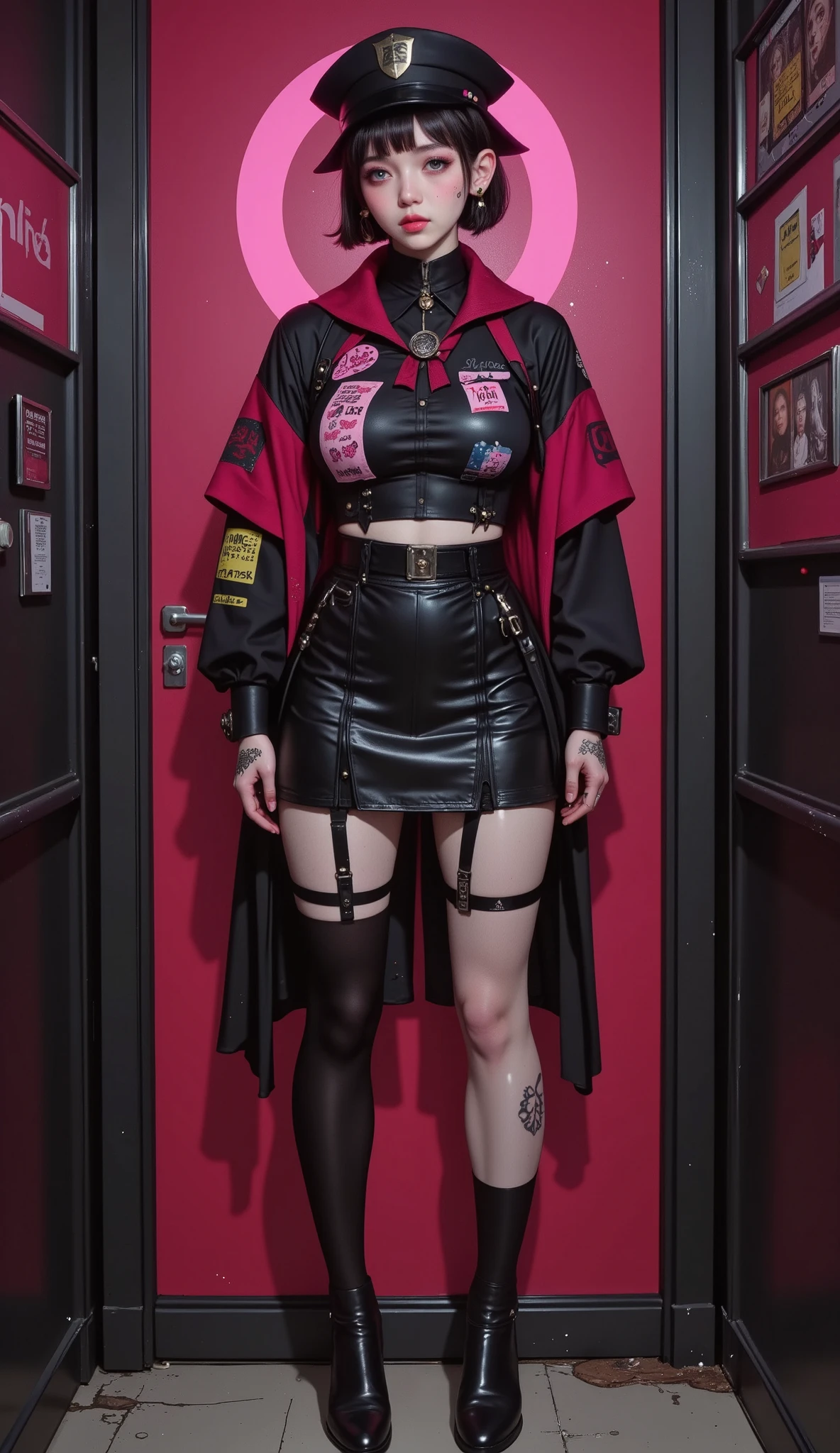 ((centered image,  general plan , Full body of a beautiful woman with exaggerated features caricaturized in the kawaii style wool hat with a shield in the center of the hat:1.52,  thick and plump lips with kissable glitter  ,  large with glitter and reflections  ,  false eyelashes and long eyes  :1.5 ,  Beautiful face of a cyberpunk girl  , great digital art with details,  Wear glasses you can see the reflection in the glasses of the glasses  :1.5)), digital art. Masterpiece body  , Detailed woman,  full lips in the style of Angelina Jolie  ,  long false eyelashes  ,  eye makeup blushed lips and cheeks  ,  wears earrings all over her ear like piercings and has a hoop embedded in the ovum of her ear,  a piercing on her lips and nose  , , Brandon Woelfel, tattooed face, tattoos and piercings, realistic digital art 4k, realistic digital art 4 k, tattoo style, cyberpunk art style, Girl with glasses , Chiaroscuro,  Cinematic Lighting ,  optical illusion  ,  high definition  , U  high definition  , Retina, body Masterpiece body ,  Precise,  Anatomically Correct  ,  textured skin,  super detail  ,  tall details,  high quality, awarded , falda de  high quality, highres, 1080P,  high definition  , 16K