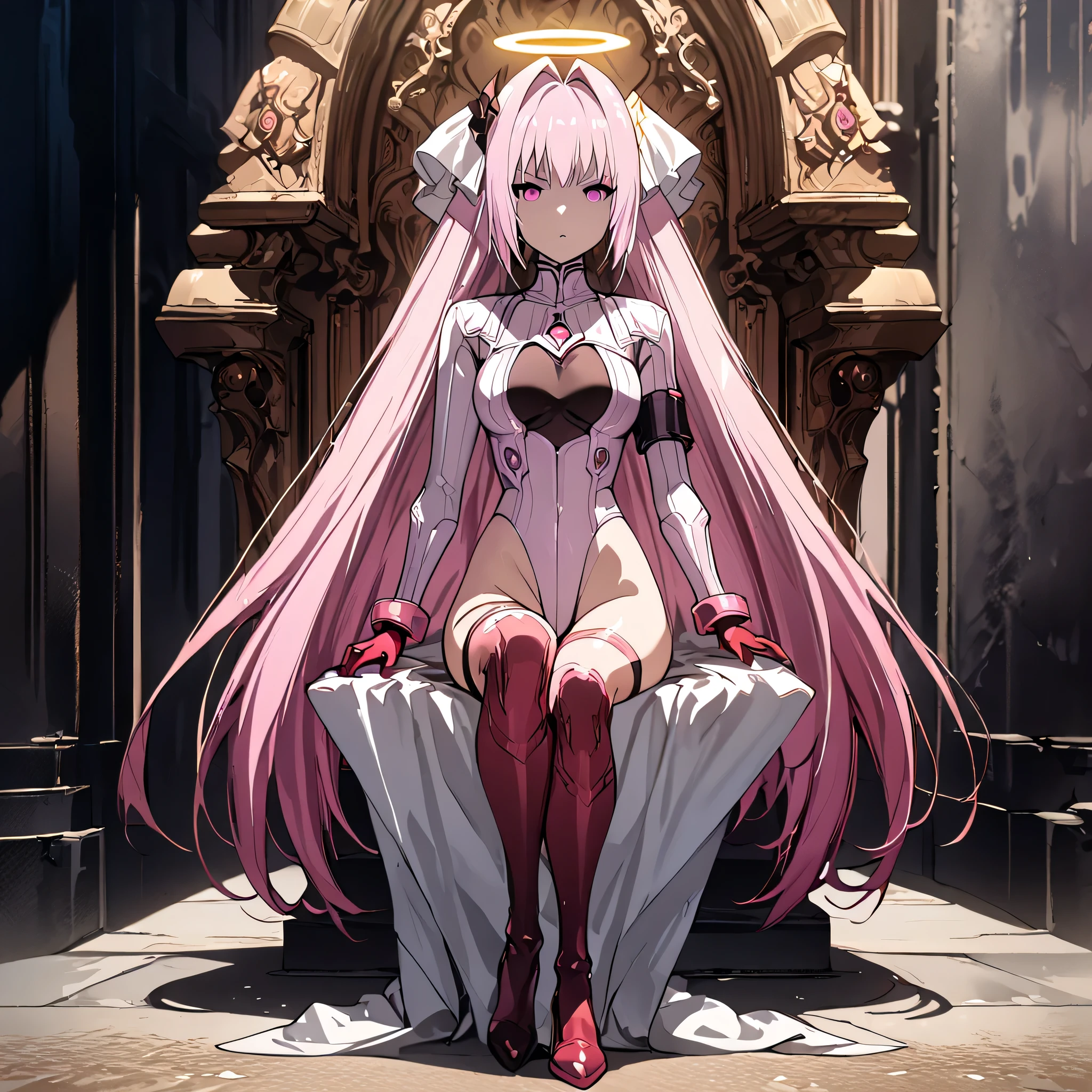 anime, (masterpiece), (best quality), (ultra-detailed), (best illustration), (best shadow), (absurdres), (detailed background), (very aesthetic), shiny, detailed beautiful eyes, outstanding, countershading, detailed soft lighting, an exquisite animation illustration, (((1girl, solo))), anheang, Dollsuit, thighthigh, dark persona, empty eyes, expressionless, blank eyes, looking at viewer, red gloves, full body, emotionless, Fighting Stance, hair ornament, Angel_White, pink hair, long hair, very long hair, pink eyes, halo, sitting on throne, throne, crossed legs