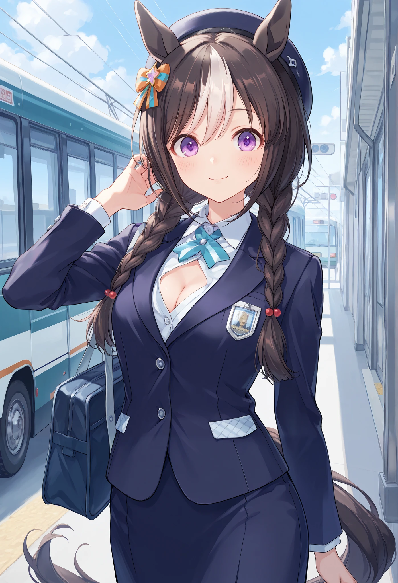 {{{masterpiece}}}, {{{ best quality }}}, {{ More details}}, {illustration}, {{ very delicate and beautiful }}, detailed skin, detailed eyes {{{Uma Musume}}},{{{ Hokko Utarumae :1.7}}},{{{ Bus Guide}}},{{{ Bus Guideのコスプレ}}},{{{Prostitute:1.6}}} black hair, d cup chest , braids,Right Ear Ornaments ,{ standing outside the bus },{Tomakomai } {{{flight attendant}}}
