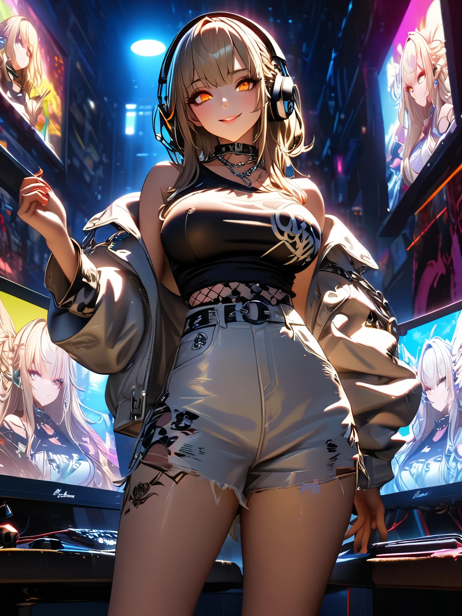 (masterpiece:1.3), (8K、photorealistic, Raw photo, best quality:1.4), (1 girl), (solo), (cute, little:1.5), (very cute face:1.5), (Symmetrical perfect face), ((beautiful blonde bob cut hairstyle)), bangs, hair is messy, don't listen, (awesome cat ears:1.3), (intense red eyes, strong eye highlights, beautiful eyelashes), (nose blush:1.3), (flat chest:1.4), (small natural breasts:1.5), (beautiful thighs), perfect anatomy, glowing skin, (high detail skin: 1.2), dynamic angle, (black leather jacket, supple and thin fabric, black mini skirt), (The latest futuristic headphones:1.3), Metal belt in linear configuration, Finely crafted metal accessories, silver choker, Short black boots), ((detailed silk bra, panties)), ((accurate arm, five fingers, accurate legs)), black metal ornaments, (flustered), (the asphalt is wet, Slipping and falling, fall on the road, Lie on your back on the ground:1.3), (A big city where you can see the sunset at 6 p.m., red sunset clouds, it's raining), my body gets wet from the rain, (Decadent and futuristic urban area in the evening). (advanced future car, flashing red light)、(lightning is shining), (Flashing blue and purple neon tubes), (cyberpunk background, blade runner), volume lighting, soft light, bright, Bright colors