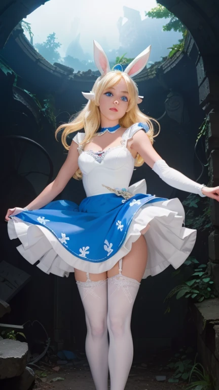 A cute  girl in a short Elsa costume, steht auf einem harten Holzboden, aufgenommen von oben, while she looks confused into the camera. Blonde pixie cut, curvy body, from behind, ass