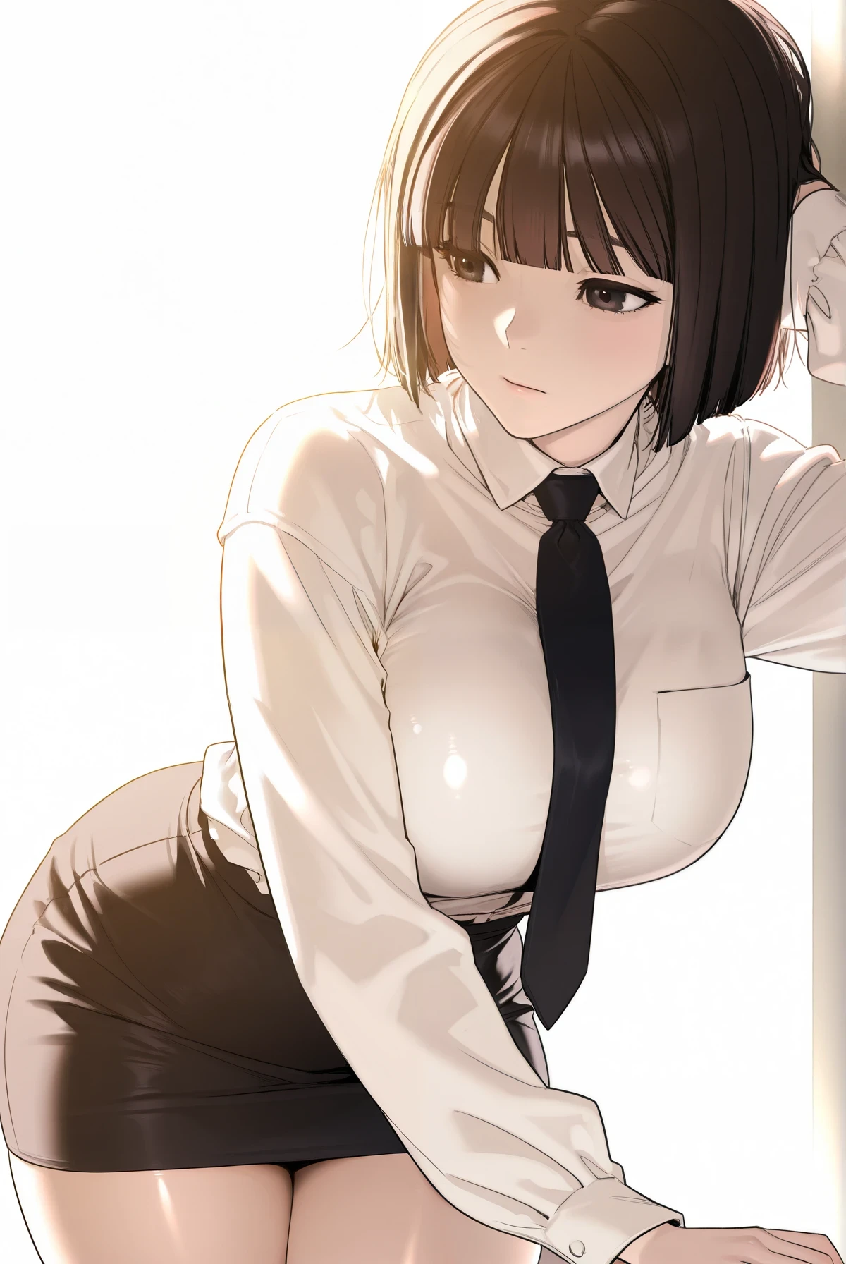 score_9, score_8_up, score_7_up, source_anime,masterpiece, best quality, very aesthetic, absurdres,cinematic lighting,1girl, solo,shiny skin,curvy breasts, white background, white background only,brown eyes, short hair, bob cut, brown hair, black hair, black eyes, blunt bangs,long sleeves, black necktie, white shirt, collared shirt, black skirt, pencil skirt, miniskirt