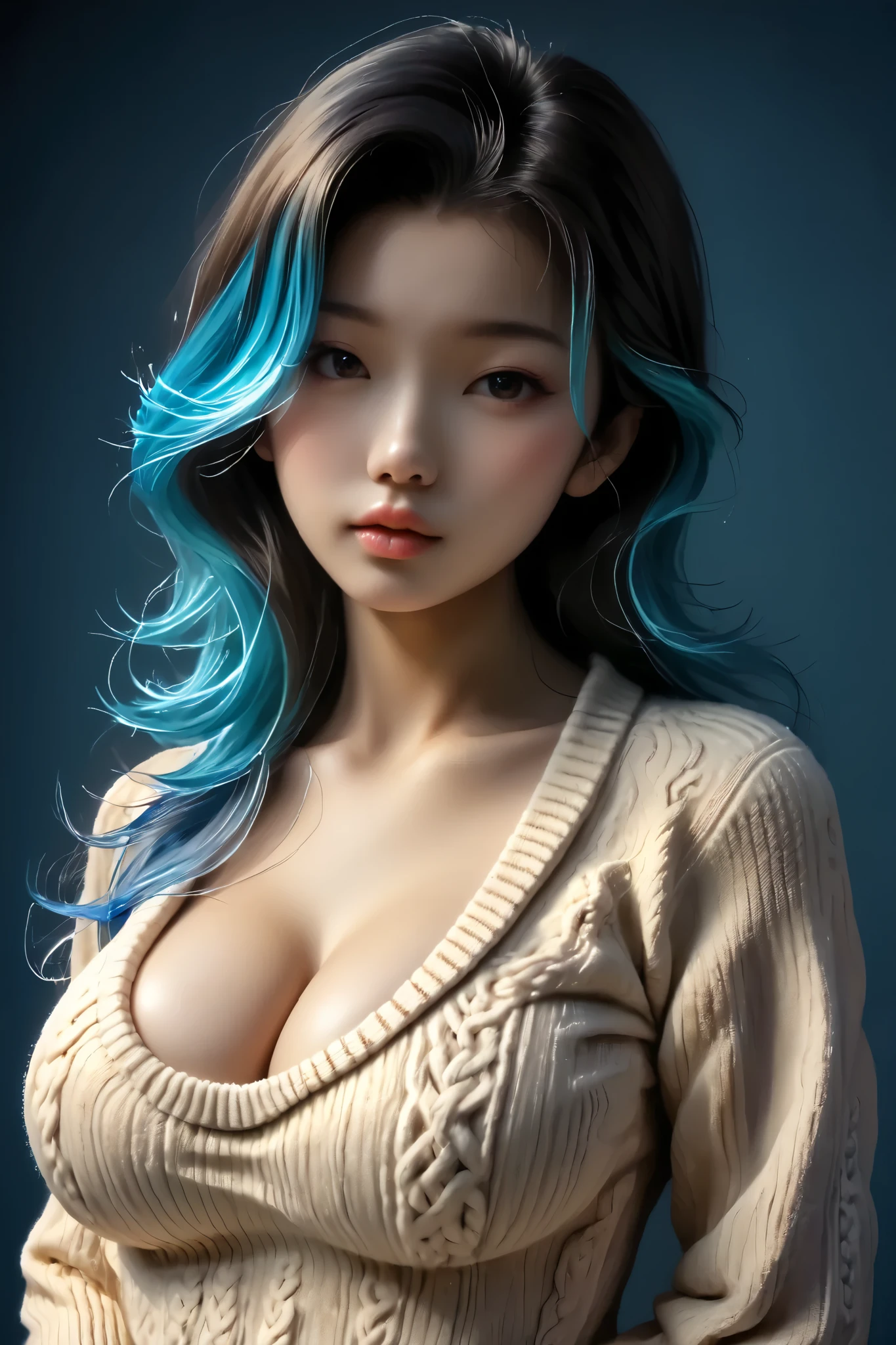 (best quality, sketch:1.2),realistic,illustrator,anime,1 asian girl, young, cleavage, big breasts, detailed lips,sweater,custom,blue gradient background,neon hair,textured cropping, masterpiece, style retro classic,
