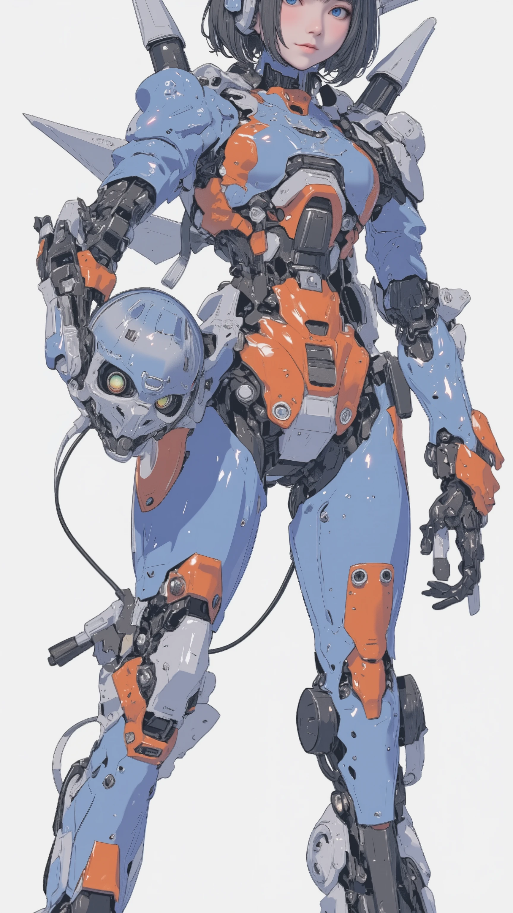 live-action 、Genuine、 Beautiful Japanese Woman、 Light blue and orange long sleeve leotard pilot suit 、 high technology sneakers 、Helmet in right hand、 the holster is attached to the right thigh 、 black hair、 shortcuts 、 robot with light body like a light body 、 The torso opens vertically 、 there is a cockpit inside 、 sneakers with a manhole shape on the top 、 the humanoid arm can work accurately 、 I'm riding 。 giant humanoid legs 、 the wire comes out from the back .、 connected to the calf 、 LIGHT BLUE AND ORANGE COLORING 、 the wire is slightly larger than the pilot 、} Japanese high school girl who is beautiful even when wearing a powered suit 、