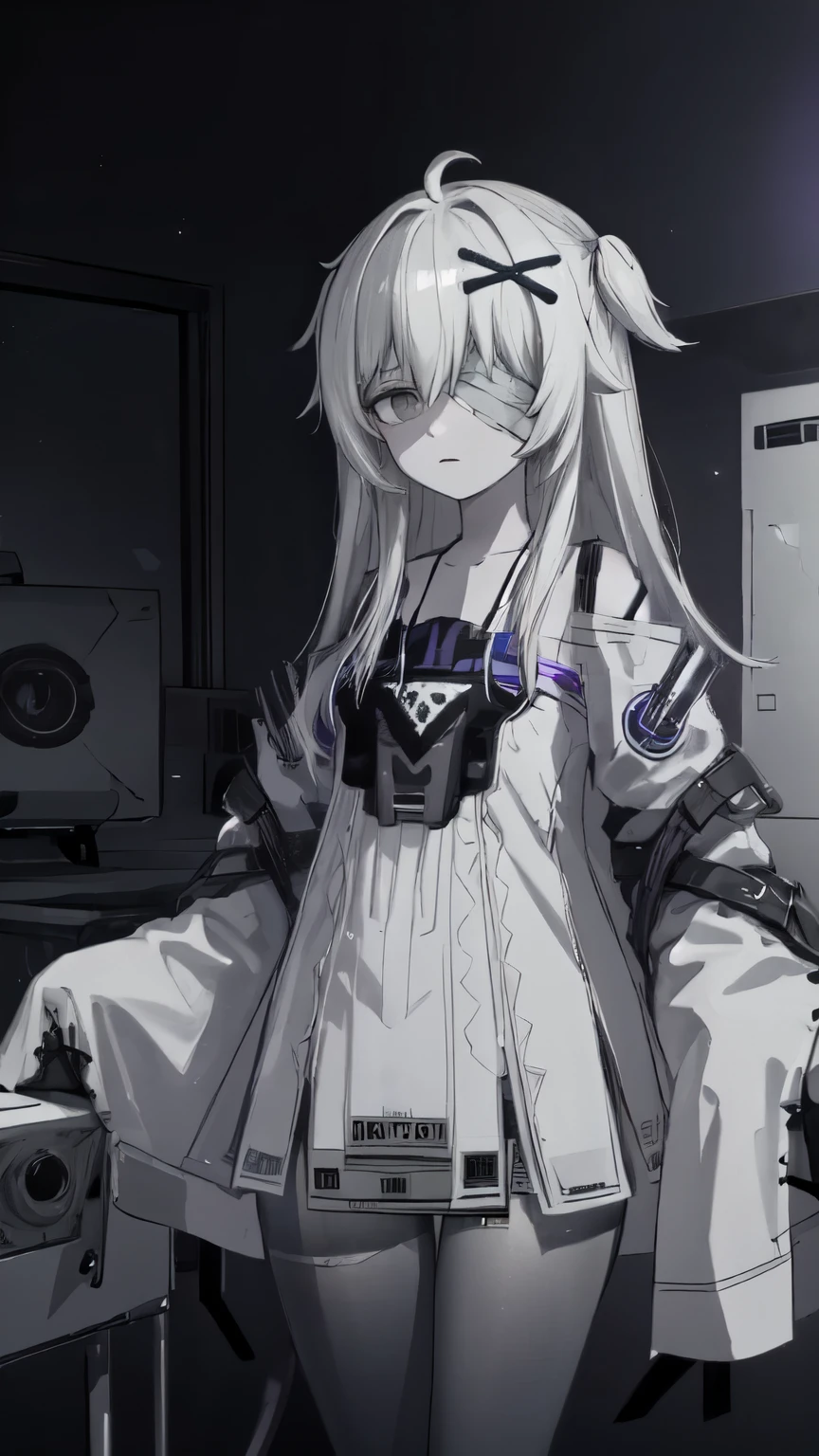 white hair, long hair, bandage over one eye, grey eyes, x hair ornament, (robot, drone:1.1) muted colors, gradient pantyhose, spot color
white dress, shaded face, empty eyes, black pantyhose, pantyhose, sleeves past fingers, white sleeves
one leg up, outdoors, neutral expression
BREAK cowboy shot, (purple particles, purple lighting, purple triangles), (metal laboratory, metal walls:1.1)