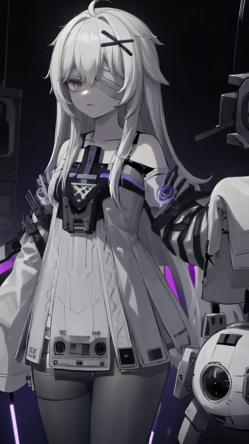 white hair, long hair, bandage over one eye, grey eyes, x hair ornament, (robot, drone:1.1) muted colors, gradient pantyhose, spot color
white dress, shaded face, empty eyes, black pantyhose, pantyhose, sleeves past fingers, white sleeves
one leg up, outdoors, neutral expression
BREAK cowboy shot, (purple particles, purple lighting, purple triangles), (metal laboratory, metal walls:1.1)