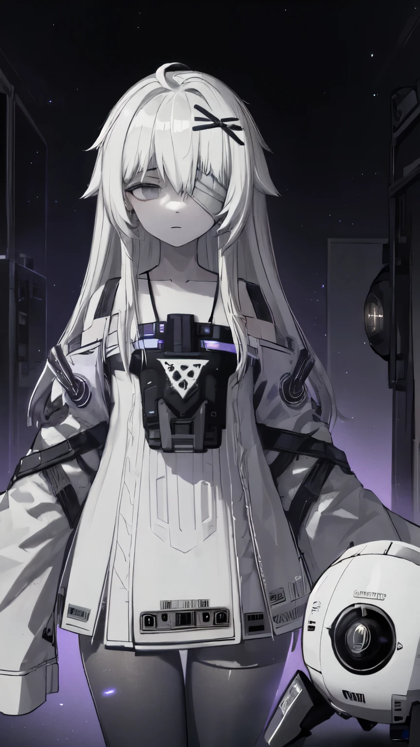 white hair, long hair, bandage over one eye, grey eyes, x hair ornament, (robot, drone:1.1) muted colors, gradient pantyhose, spot color
white dress, shaded face, empty eyes, black pantyhose, pantyhose, sleeves past fingers, white sleeves
one leg up, outdoors, neutral expression
BREAK cowboy shot, (purple particles, purple lighting, purple triangles), (metal laboratory, metal walls:1.1)