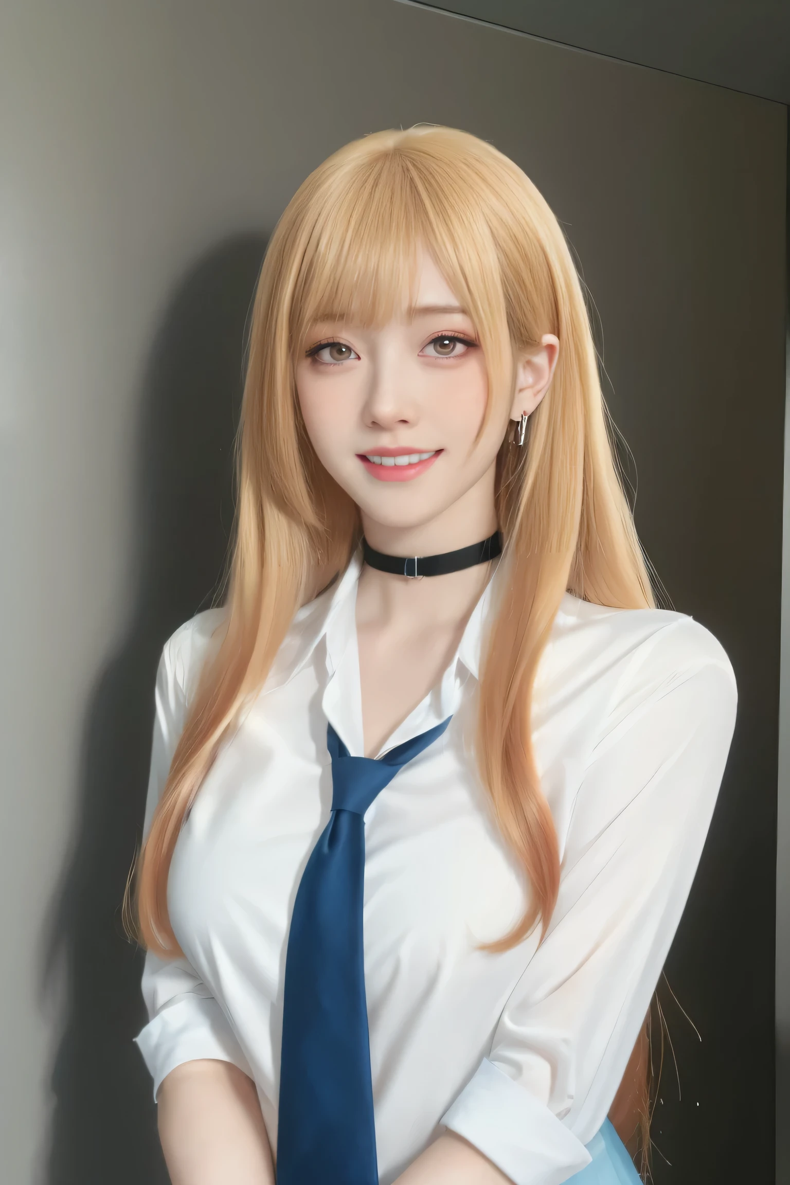 (best quality), (masterpiece), (Ultra-high resolution), (Clear face), (Reality: 1.4), (perfect lighting),(photorealistic:1.30), anime wallpaper, Guviz style artwork , fantasy cover up to magic , by Yang J, Guviz, beautiful artwork illustration, beautiful digital artwork, beautiful digital illustration, Li Song, beautiful anime portrait, art style at Beauvot,illustration, ethereal and beautiful, highly detailed, CG, unity, 8k wallpaper, Amazing, fine detail, official art, highly detailed CG unity 8k wallpaper,absurd, extremely absurd, large file size, highly detailed , high resolution, very detailed,beautiful girl with details, very detailed eyes and face, beautiful detailed eyes,light on the face,cinematic lighting, 1girl, solo, looking at viewer,kitagawa marin, blonde hair, long hair, Bangs, multicolored hair, red eyes, jewelry, earrings, piercing, , white shirt, tied shirt, black choker, blue necktie, plaid skirt, indoors, inside, indoor, open smile, pose, desks, Glowing skin, (standing:1.3), (upper body:1.3),random posse