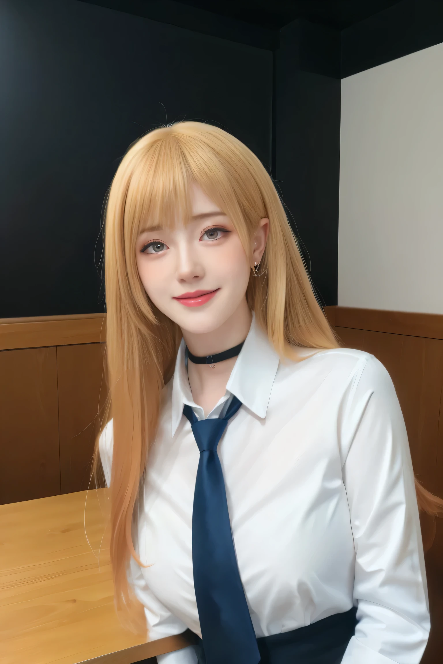 (best quality), (masterpiece), (Ultra-high resolution), (Clear face), (Reality: 1.4), (perfect lighting),(photorealistic:1.30), anime wallpaper, Guviz style artwork , fantasy cover up to magic , by Yang J, Guviz, beautiful artwork illustration, beautiful digital artwork, beautiful digital illustration, Li Song, beautiful anime portrait, art style at Beauvot,illustration, ethereal and beautiful, highly detailed, CG, unity, 8k wallpaper, Amazing, fine detail, official art, highly detailed CG unity 8k wallpaper,absurd, extremely absurd, large file size, highly detailed , high resolution, very detailed,beautiful girl with details, very detailed eyes and face, beautiful detailed eyes,light on the face,cinematic lighting, 1girl, solo, looking at viewer,kitagawa marin, blonde hair, long hair, Bangs, multicolored hair, red eyes, jewelry, earrings, piercing, , white shirt, tied shirt, black choker, blue necktie, plaid skirt, indoors, inside, indoor, open smile, pose, desks, Glowing skin, (standing:1.3), (upper body:1.3),random posse