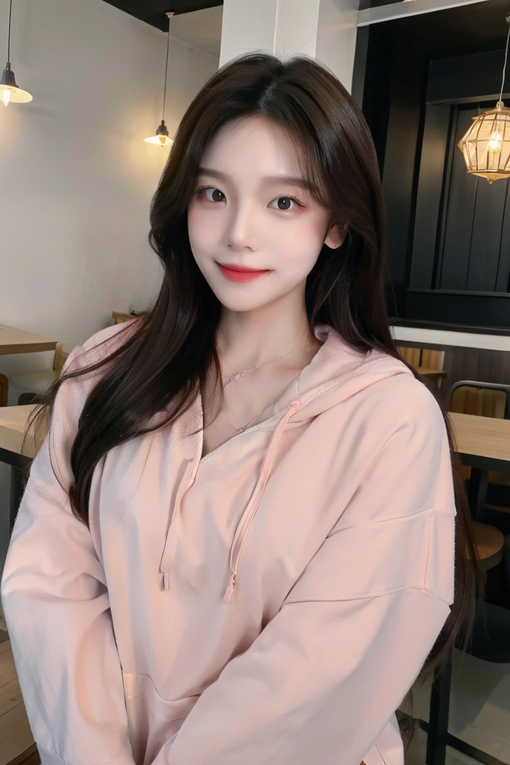 ((Masterpiece, high resolution, ultra detailed, 8k, raw photo)), 1 girl, graceful, soft skin, delicate face, perfect face, perfect eyes, brown hair, long hair, pink hoodie, pale skin, random pose, be in a small restaurant , (smile: 0.8)