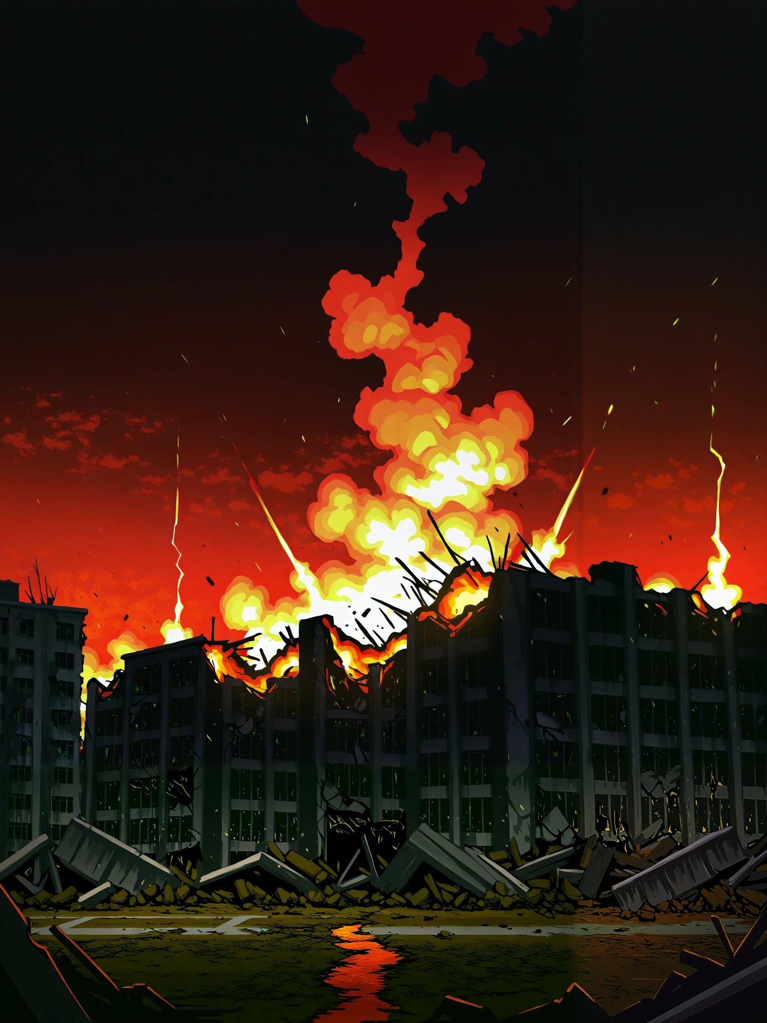 background only, scenery, blackout, no electricity, completely destroyed battlegrounds, dark sky, abandoned buildings, destroyed city, buildings on fire, destruction, war zone,
(masterpiece), best quality, ,score_9, score_8_up, score_7_up,source_anime,BREAK,masterpiece, best quality,