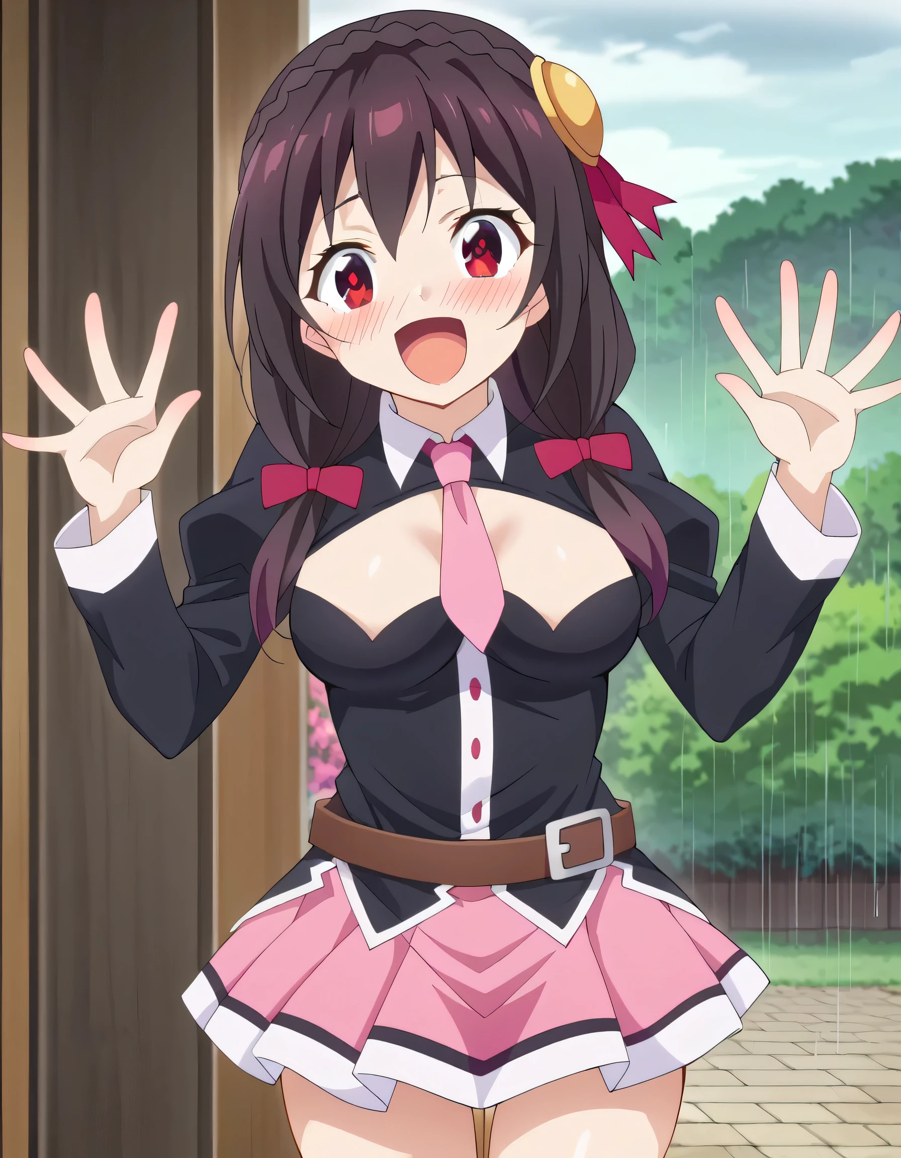 masterpiece, best quality,girl,ultra detail,yunyun, long hair, brown hair, hair ornament, (red eyes:1.3), bow, ribbon, twintails, braid, hair bow, <lora:konosuba yunyun movie-lora-nochekaiser:0.7>,blush,from above,cleavage,skirt, long sleeves, belt, cleavage cutout, pink skirt, pink necktie, puffy sleeves,crossed arms,shy,wavy open mouth,looking up viewer,leaning forward