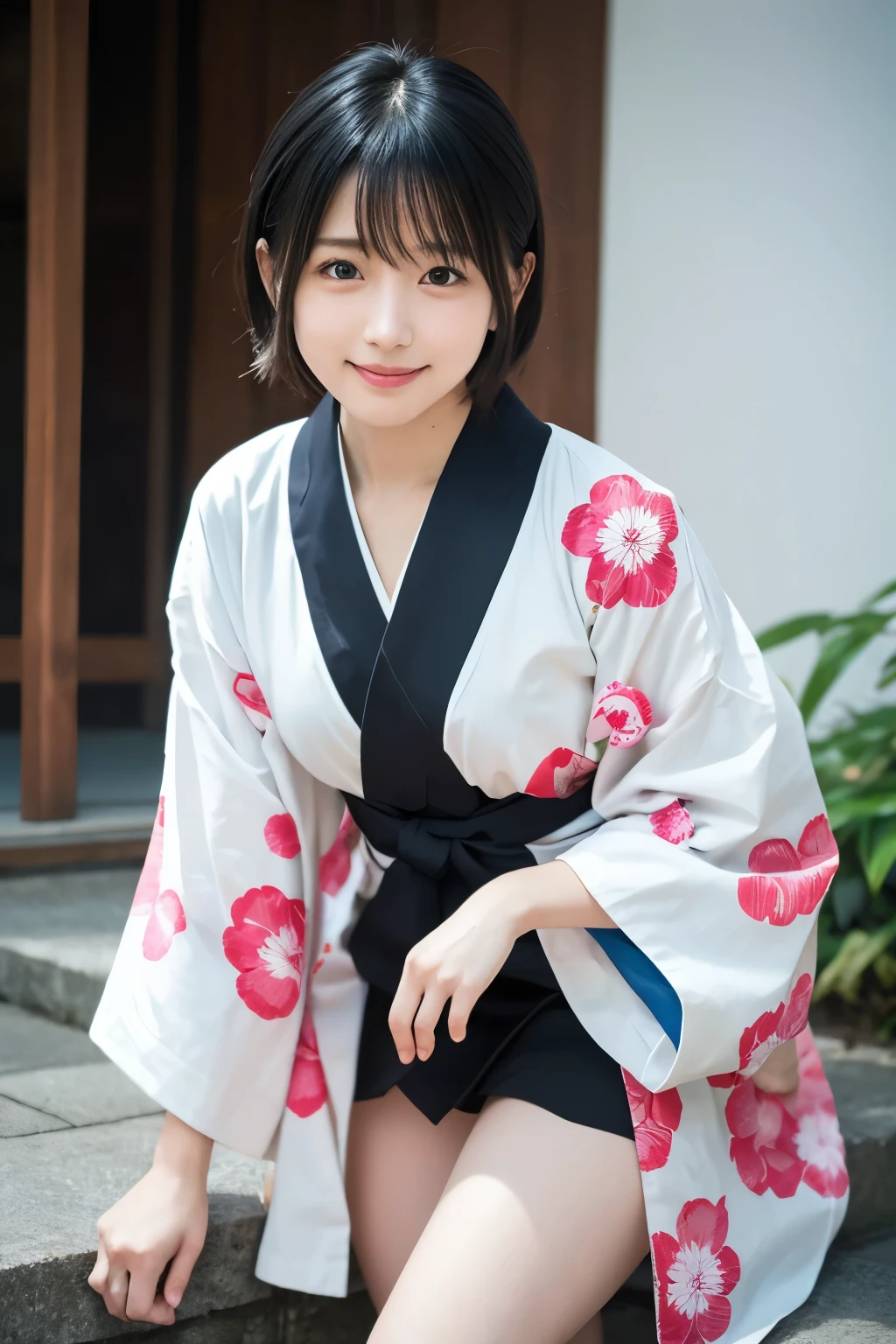 (8k,  photorealistic,  ultra detail, best quality, super high resolution),( professional lighting  , Warm colors:1.2)
( cute eyes ,   BLACK EYES:1.3),(fair skin color,  fresh skin:1.2), ( extremely beautiful face :1.3),
( Extremely Beautiful Japanese Actress ),( Neat  young girl),( Obedient, Neat , intellectual , Kindly:1.3),( shyly ,With love:1.2),( shyly, smile:1.2),(, staring With love at viewer),
(  Short Curly Hair ,  black hair:1.25),(beautiful Obedient girl:1.3)
(beautiful  Neat  girl in kimono  is poised:1.25)
( Her beautiful thighs are sticking out of her skirt:1.2),( Beautiful Legs:1.15)
( Her kimono hem is swaying in the wind ,  spread the hem of the kimono :1.2)
( The petals are blowing in the wind and dancing around the woman)
( Beautiful Eye Details :1.1),
( shyly , With love looking at viewer:1.2),(kind smile:1.1),( detailed beautiful face:1.15)
 full body, from below
