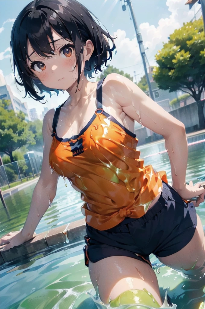 Orange swimsuit((Orange camisole,Navy blue piping),(Soaked with slimy liquid)),(Navy blue shorts),(A pool of slippery lotion),(Soaked with slimy liquid),Black Hair,Are standing,One beautiful girl,Big Breasts,Camisoles are available in any color other than navy blue,Shorts must be any color other than orange,Leaning forward,Cute eyes,Sulky face,身体中Soaked with slimy liquid(Sexy),Low Ponytail,,