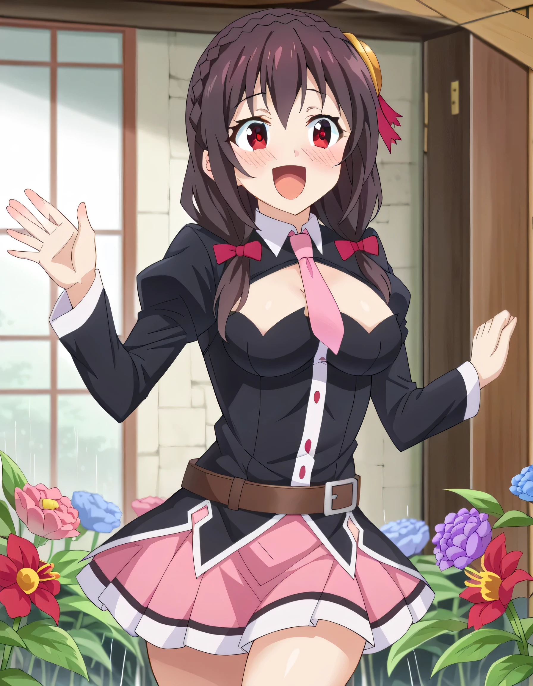 high definition, high quality、
Yunyun、 black hair, hair accessories , red eyes, , braided , crown braided ,
skirt , thighs, Long Sleeve, tie, belt, Outfit Cutout, cleavage cutout , pink tie,
smile、(blush)、 open your mouth and laugh、Rain、(Hydrangea flower:1.3)、(profile)