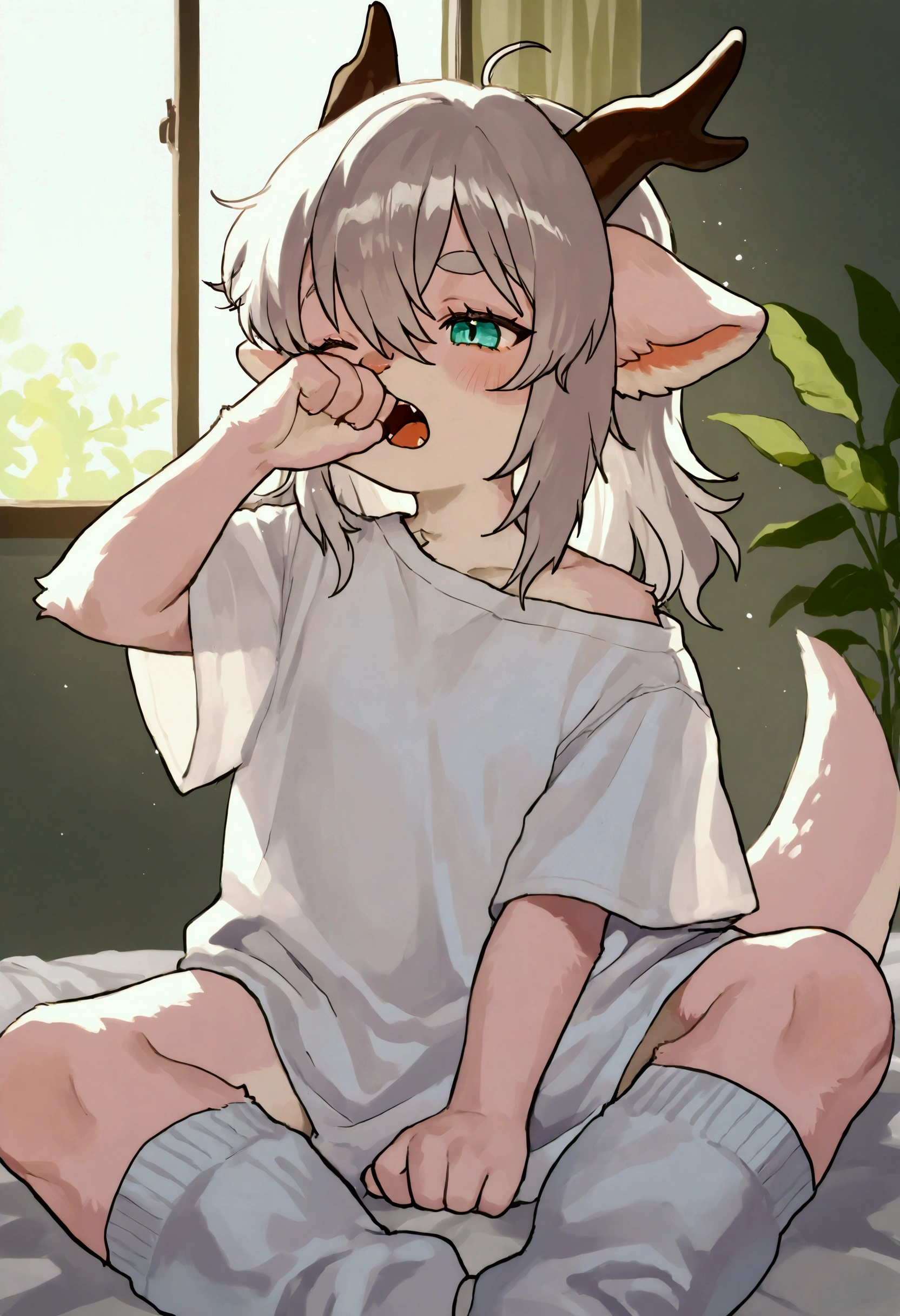 Super high resolution, detailed background, Kemoshota, red eyes, drooling, innocent , star pupil in eyes, waiting dinner, naked, looking back, tail, anal, sitting, close-up, anal