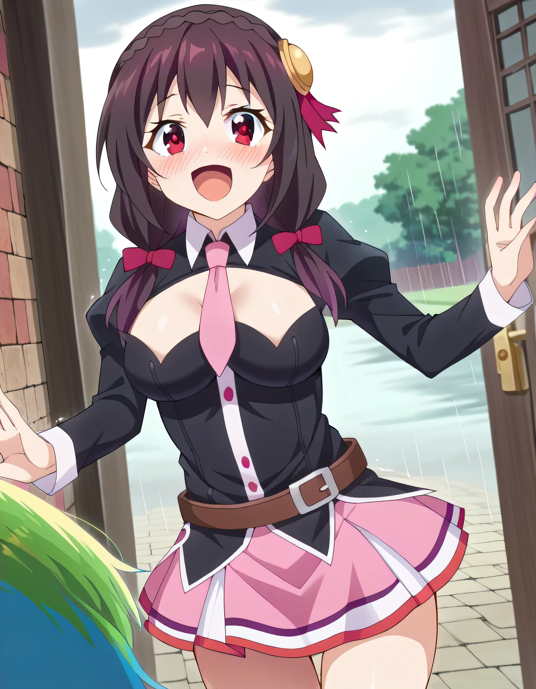 high definition, high quality、
Yunyun、 black hair, hair accessories , red eyes, , braided , crown braided ,
skirt , thighs, Long Sleeve, tie, belt, Outfit Cutout, cleavage cutout , pink tie,
smile、(blush)、 open your mouth and laugh、Rain、(Background is a rainbow:1.7)、Looking up、sea、(profile)