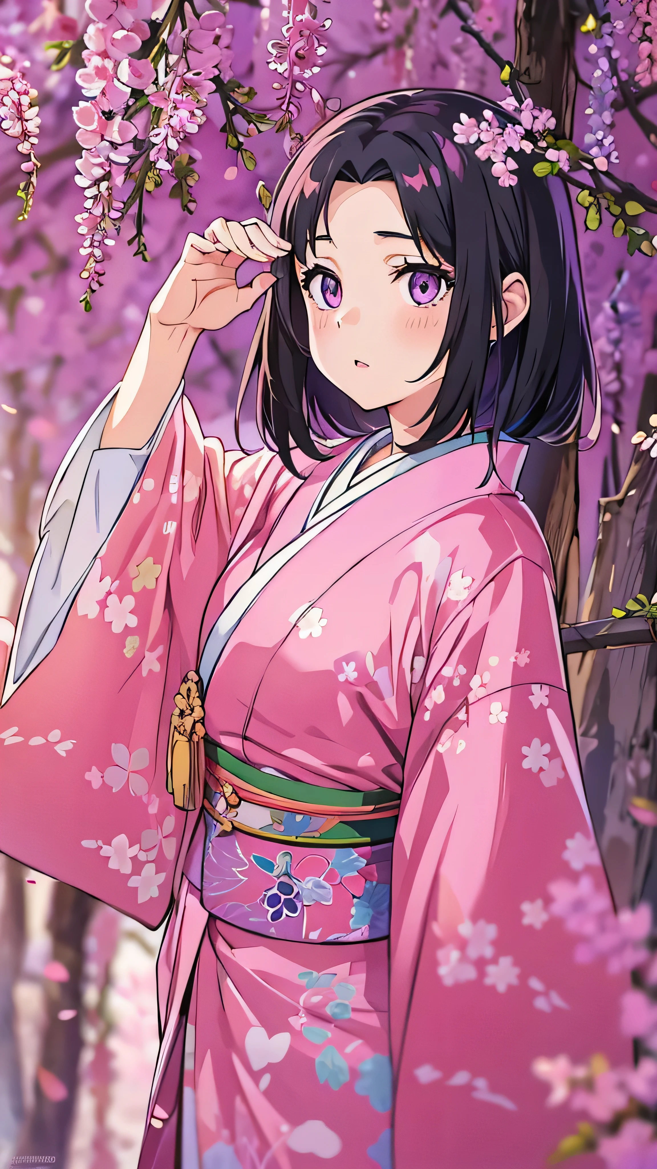 masterpiece, ( pink kimono), enchanting face , Details of a good face , valley, Fine details, masterpiece, Shining Eyes, 1 girl in the best, black hair, gag, bamboo, Nezuko Kamado, Wisteria Background, masterpiece, best quality, throw, whole body, Beautiful clothing,