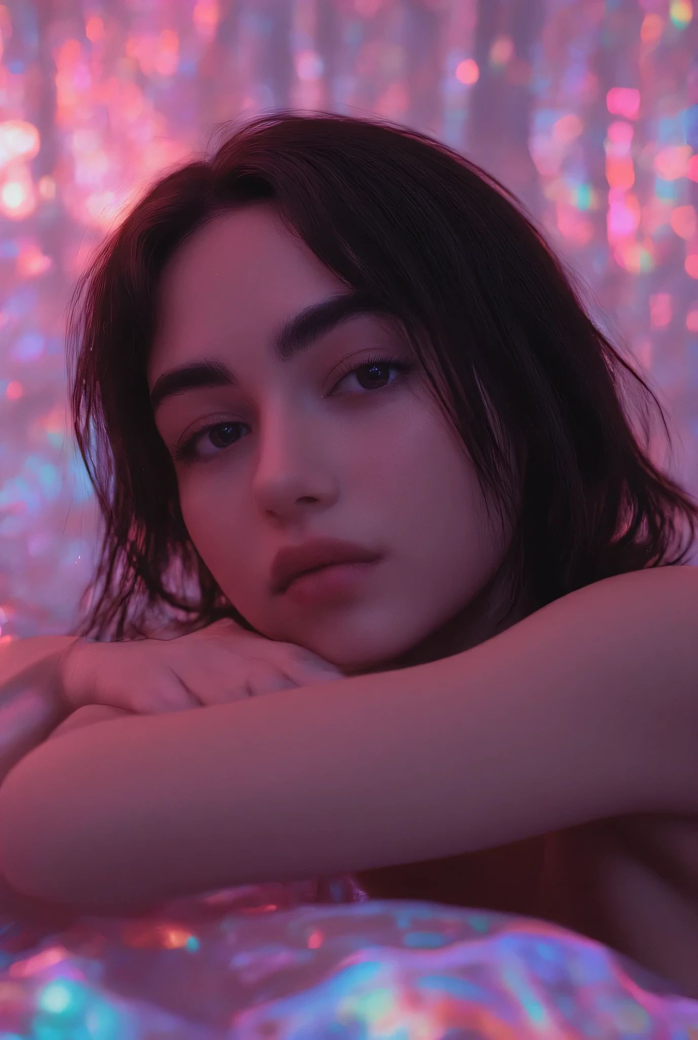 (1girl, ((Dua Lipa),(Aubrey Plaza),goddess), slender and busty, dark complexion, dark hair, large expressive eyes), soft focus, with iridescent polychromatic-colors, pink led sparkle, metacolors, sexualized female, unbelievably sexy, lust 😍 , detailed 3/4 body portrait, explicit nearly nude, artistic photography, professional photographer, intimacy, clarity, radiosity, subsurface scattering, the most erotic photo, sensual vibe