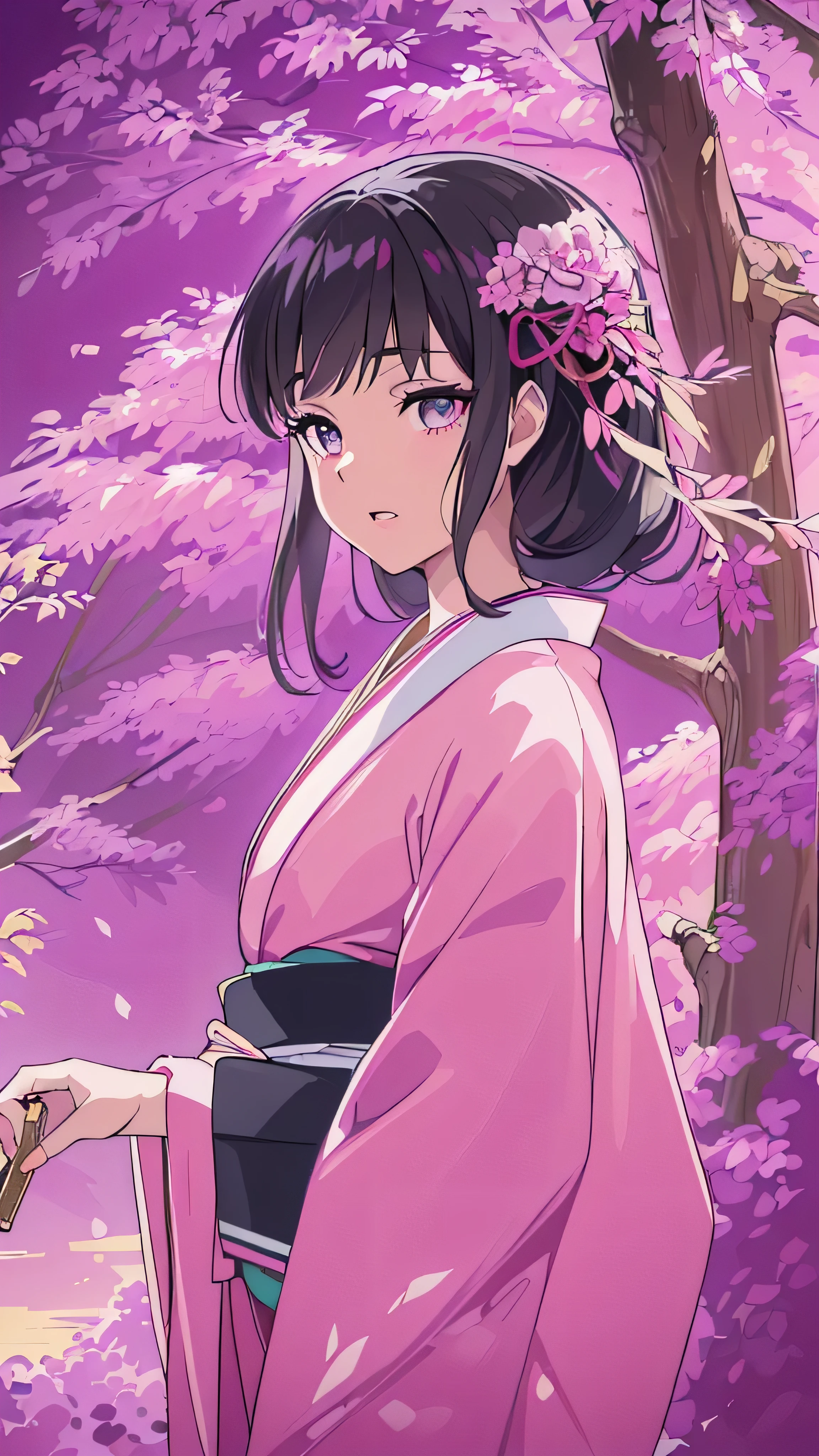 masterpiece, ( pink kimono), enchanting face , Details of a good face , valley, Fine details, masterpiece, Shining Eyes, 1 girl in the best, black hair, gag, bamboo, Nezuko Kamado, Wisteria Background, masterpiece, best quality, throw, whole body, Beautiful clothing,