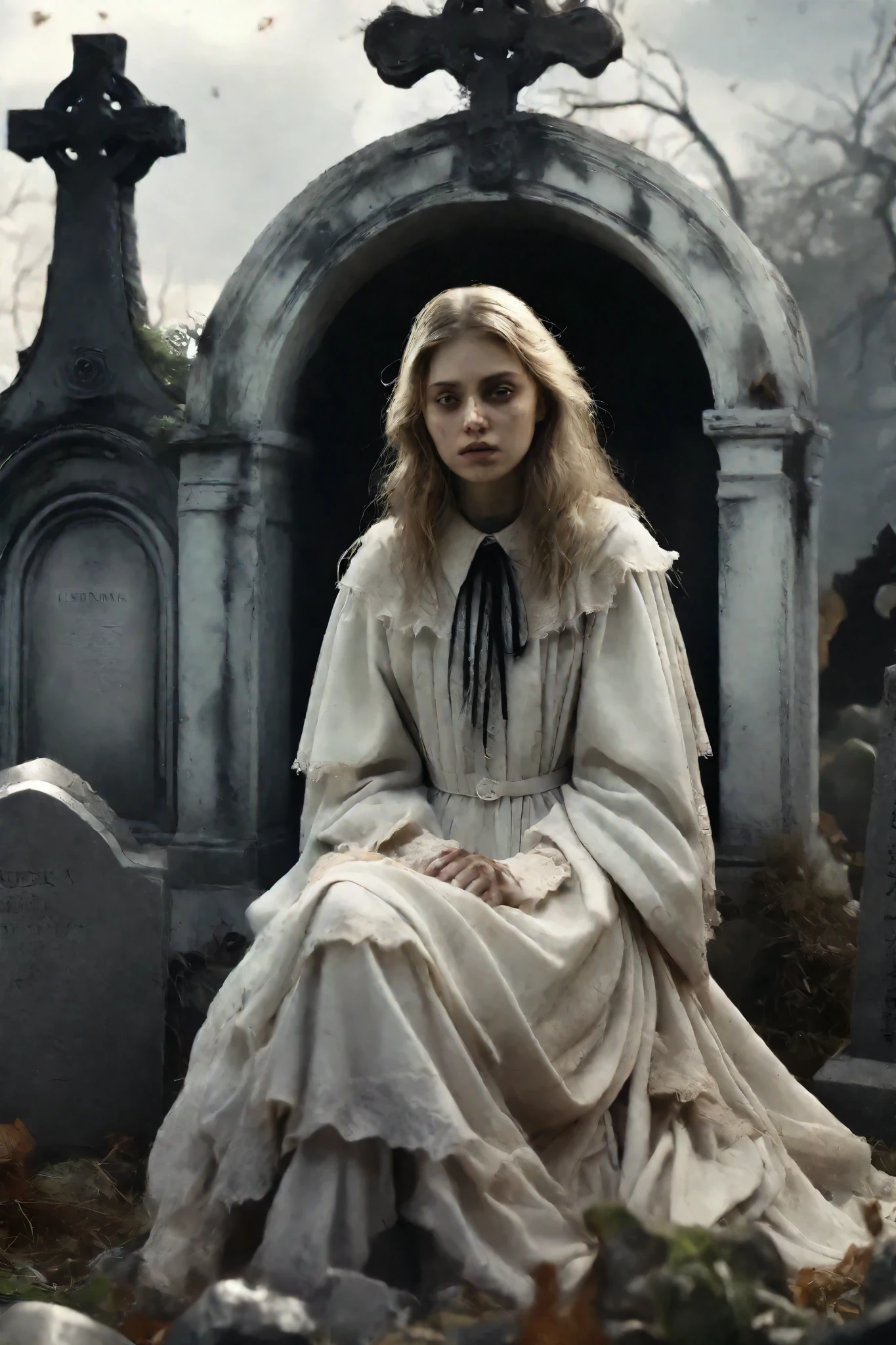 Macabre dolls surround a young woman in a l filthy old cemetery. Large headstones, statues. Struggling in agony, surrounded by tattered dirty dolls and rotting fungus, the woman collapses in front of a large headstone. Ultra realistic, photo realistic, cinematic photography, cinematic lighting, realism, 3D render, hyper detailed, photorealistic, Artistic statues,3D marble Sculpture, Surface cracks, filth and spiderwebs, rough Texture, masterpiece.