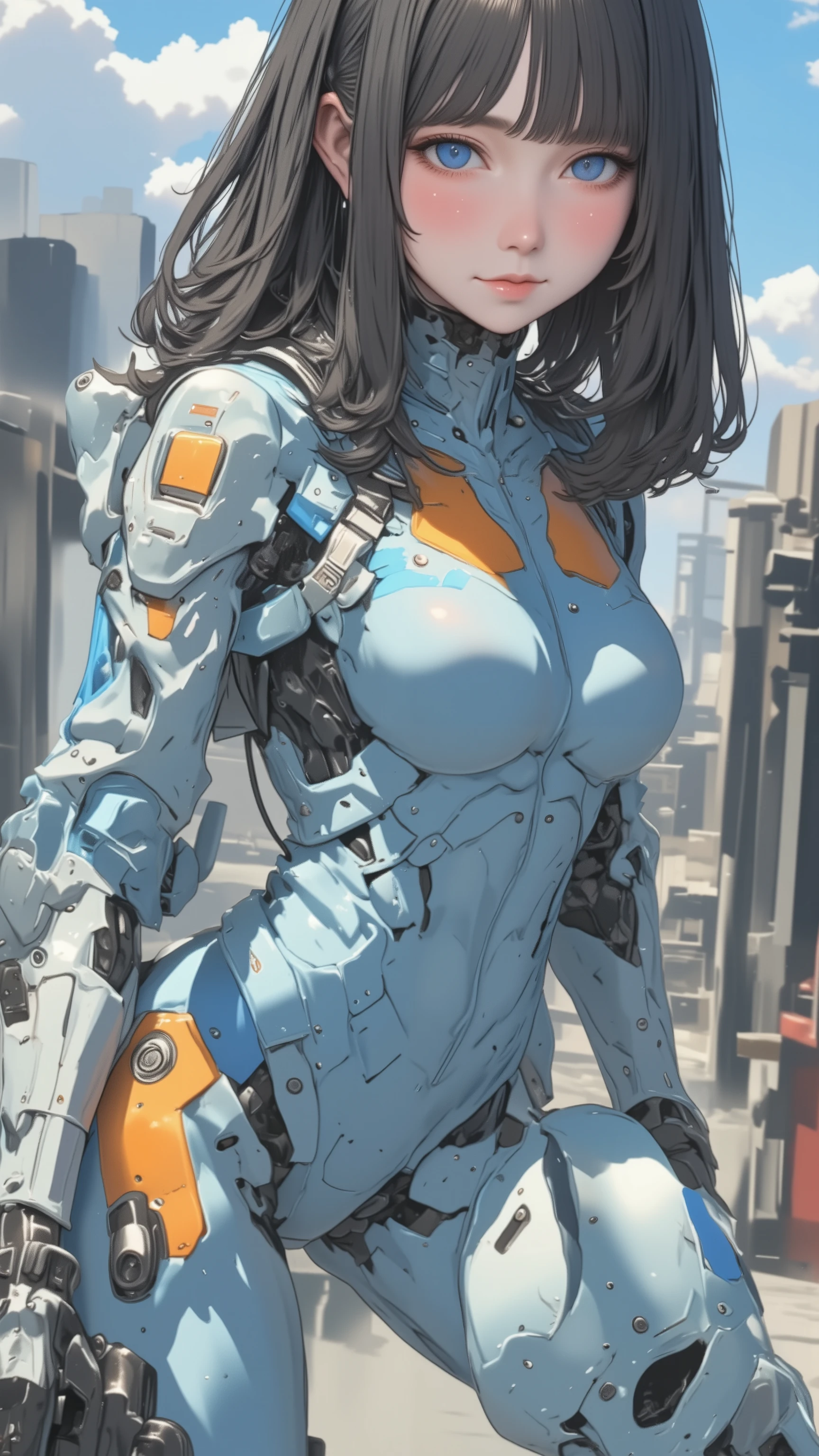 live-action 、Genuine、 full body、 Beautiful Japanese Woman、 Light blue and orange long sleeve leotard pilot suit 、 high technology sneakers 、Helmet in right hand、 the holster is attached to the right thigh 、 black hair、 shortcuts 、 robot with light body like a light body 、 The torso opens vertically 、 there is a cockpit inside 、 sneakers with a manhole shape on the top 、 the humanoid arm can work accurately 、 I'm riding 。 giant humanoid legs 、 the wire comes out from the back .、 connected to the calf 、 LIGHT BLUE AND ORANGE COLORING 、 the wire is slightly larger than the pilot 、} Japanese high school girl who is beautiful even when wearing a powered suit 、