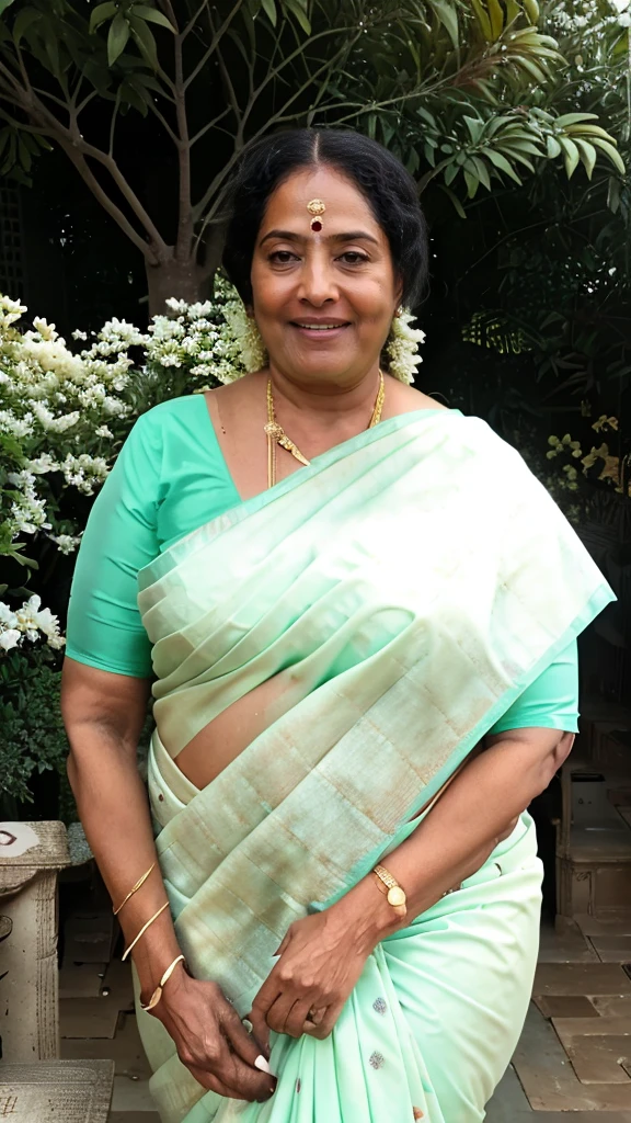 mature,sexy vijaya, hot curves, chubby, mature milf curvy figure,in garden, 45yo, wearing sleeevless sari,bun hair style