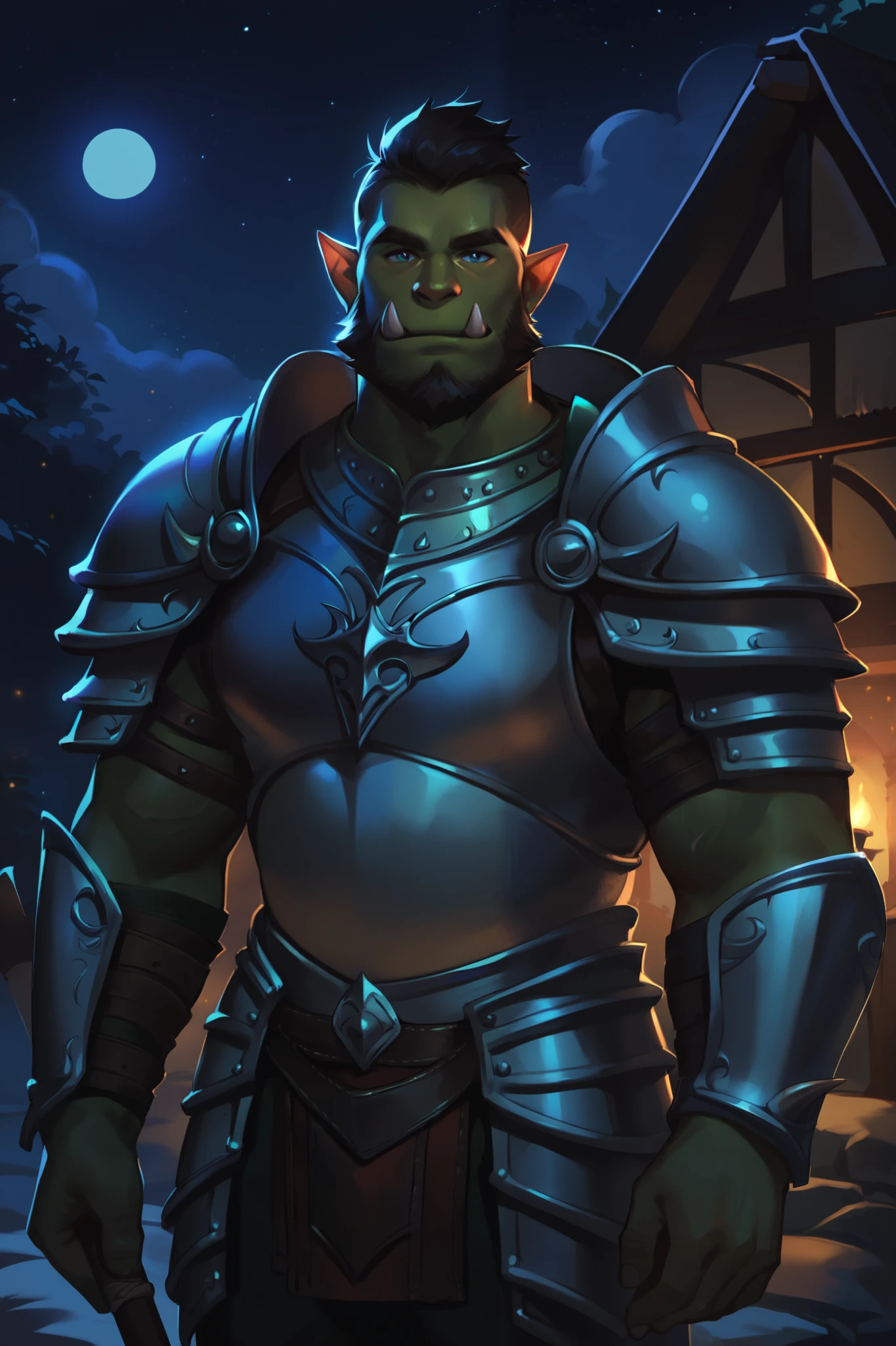 score_9, score_8_up, score_7_up, solo, male focus, mature male, orc, green skin, tusks, beard, outdoors, micro armor , shoulder armor, breastplate, upper body, closed mouth, pauldrons, night, night sky, standing , boots  , shirtless , (black g-string) , full body , black boots , bulge , laying spread legs , His body was wet with cum