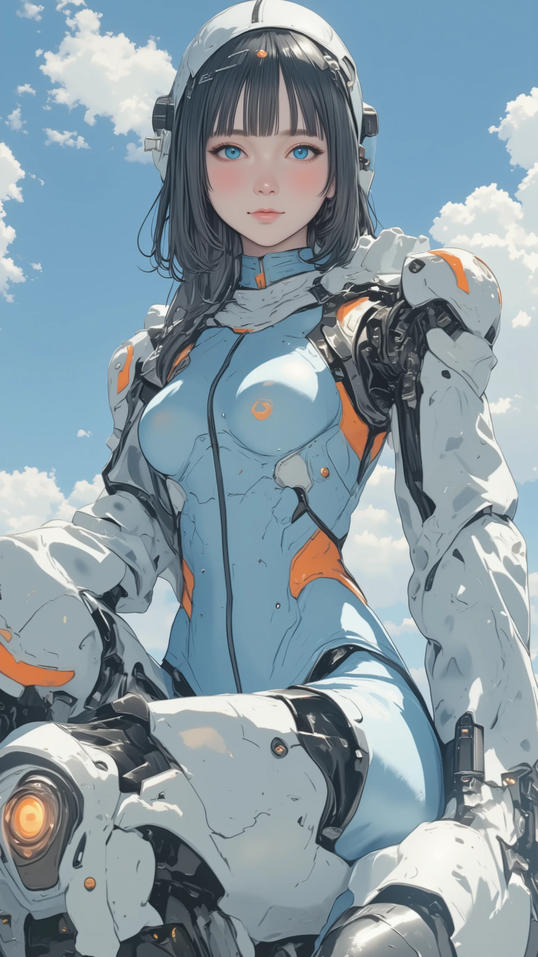 live-action 、Genuine、 full body、 Beautiful Japanese Woman、 Light blue and orange long sleeve leotard pilot suit 、 high technology sneakers 、Helmet in right hand、 the holster is attached to the right thigh 、 black hair、 shortcuts 、 robot with light body like a light body 、 The torso opens vertically 、 there is a cockpit inside 、 sneakers with a manhole shape on the top 、 the humanoid arm can work accurately 、 I'm riding 。 giant humanoid legs 、 the wire comes out from the back .、 connected to the calf 、 LIGHT BLUE AND ORANGE COLORING 、 the wire is slightly larger than the pilot 、} Japanese high school girl who is beautiful even when wearing a powered suit 、