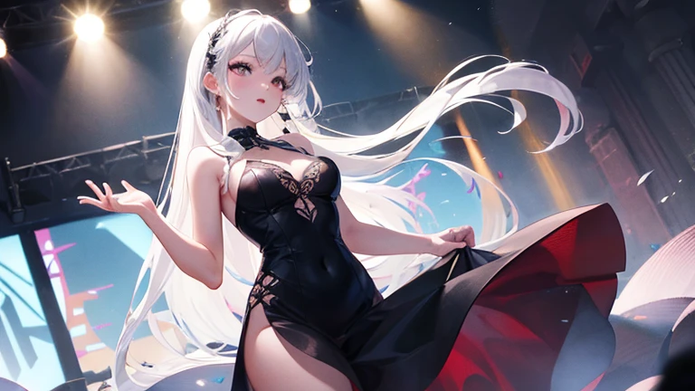 white polo shirt, one girl, white sneakers, tennis dress, white mini skirt, masterpiece, top quality, realistic, super detailed, (shiny skin, sweat: 1.4), looking at the audience, red eyes, white hair, top quality), (blue sky, tennis court, large number of views, (1 girl, solo), Ishmael_limbus, torn clothes, (chain ribbon, (chain), high angle of view, long hair, red eyes, sheer lingerie, anger, screaming, pain, glowing eyes, sweat) ), Simple background, chain full screen, chain, ((arms raised, crossed behind head)), restraint, high angle, BDSM, chain, perfect figure, upper body ,spread legs --auto --s2