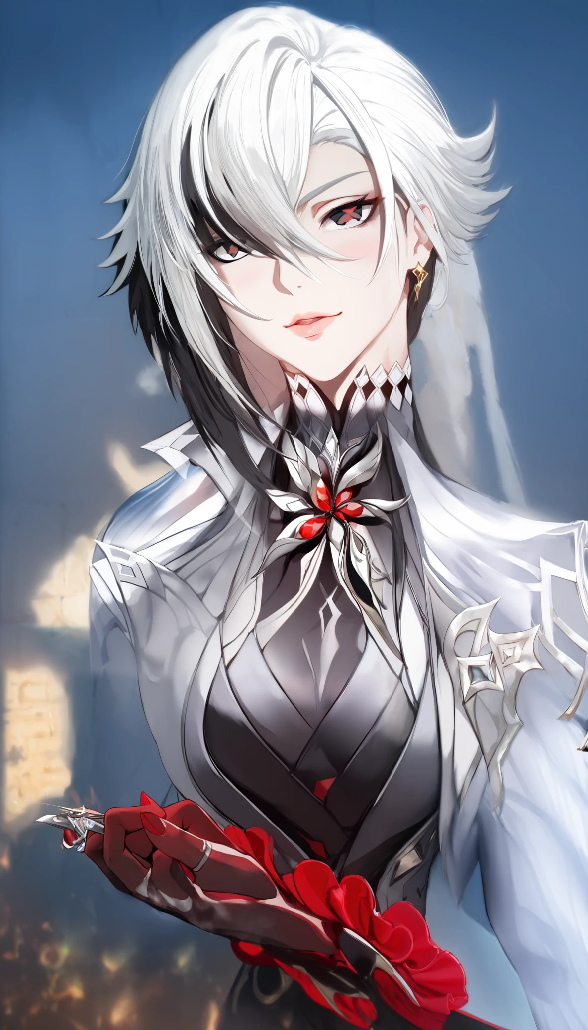 ( hews art style :0.7), score_9, score_8_arriba, score_7_arriba, score_6_arriba, uncensored , Arlecchino de Genshin Impact, long hair, silver hair, multicolored hair , black eyes, x-shaped parribail, BREAK ( body masterpiece:1.2), best quality skirt, High resolution , ( Beautiful detailed eyes :1.3), perfect lighting , ( perfect hands, perfect anatomy ), 1 girl, breasts, Alone , Gloves, Bermuda, looking at the spectator, Sideboob, brick wall, brown Gloves, manicure red, gold rings, standing, white jacket , tight pants , black pants t-shirt, Single glove, belt, thighs, blush, dynamic pose, bare shoulders, leaning forward, t-shirt, sleeveless , opened her lips.