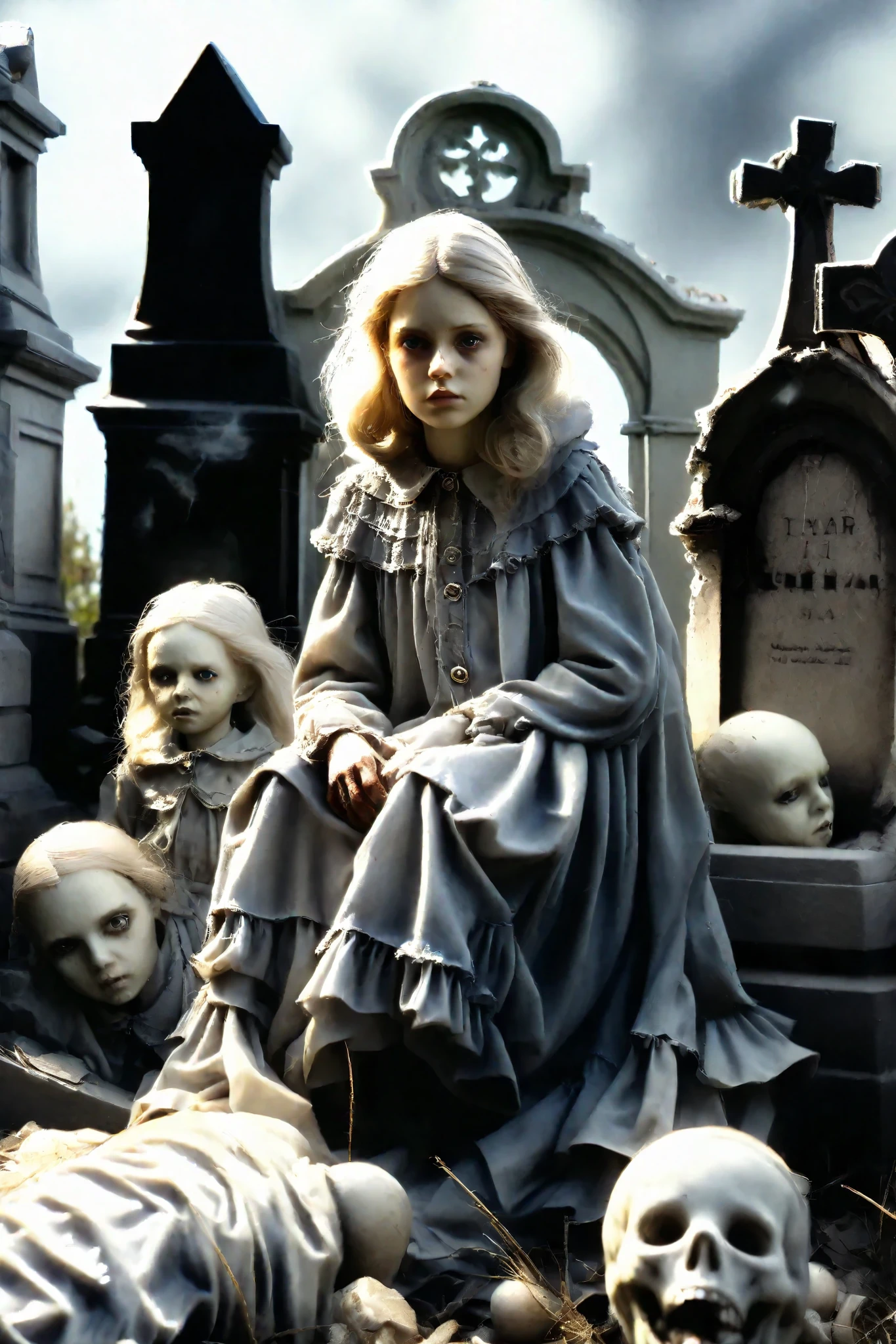 Macabre dolls surround a young woman in a l filthy old cemetery. Large headstones, statues. Struggling in agony, surrounded by tattered dirty dolls and rotting fungus, the woman collapses in front of a large headstone. Ultra realistic, photo realistic, cinematic photography, cinematic lighting, realism, 3D render, hyper detailed, photorealistic, Artistic statues,3D marble Sculpture, Surface cracks, filth and spiderwebs, rough Texture, masterpiece.