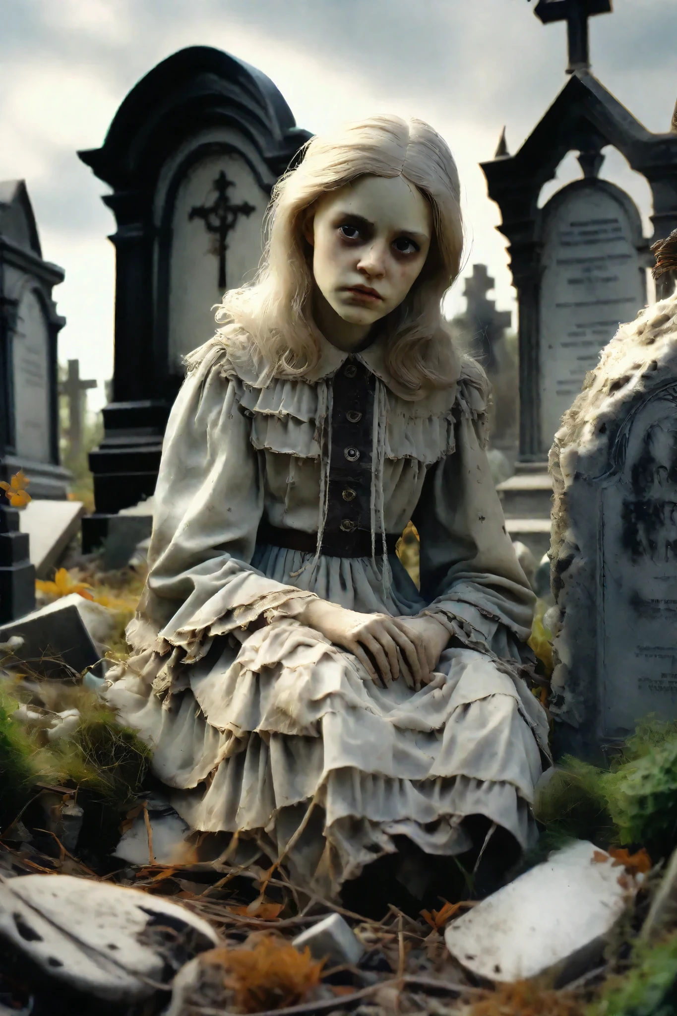 Macabre dolls surround a young woman in a l filthy old cemetery. Large headstones, statues. Struggling in agony, surrounded by tattered dirty dolls and rotting fungus, the woman collapses in front of a large headstone. Ultra realistic, photo realistic, cinematic photography, cinematic lighting, realism, 3D render, hyper detailed, photorealistic, Artistic statues,3D marble Sculpture, Surface cracks, filth and spiderwebs, rough Texture, masterpiece.