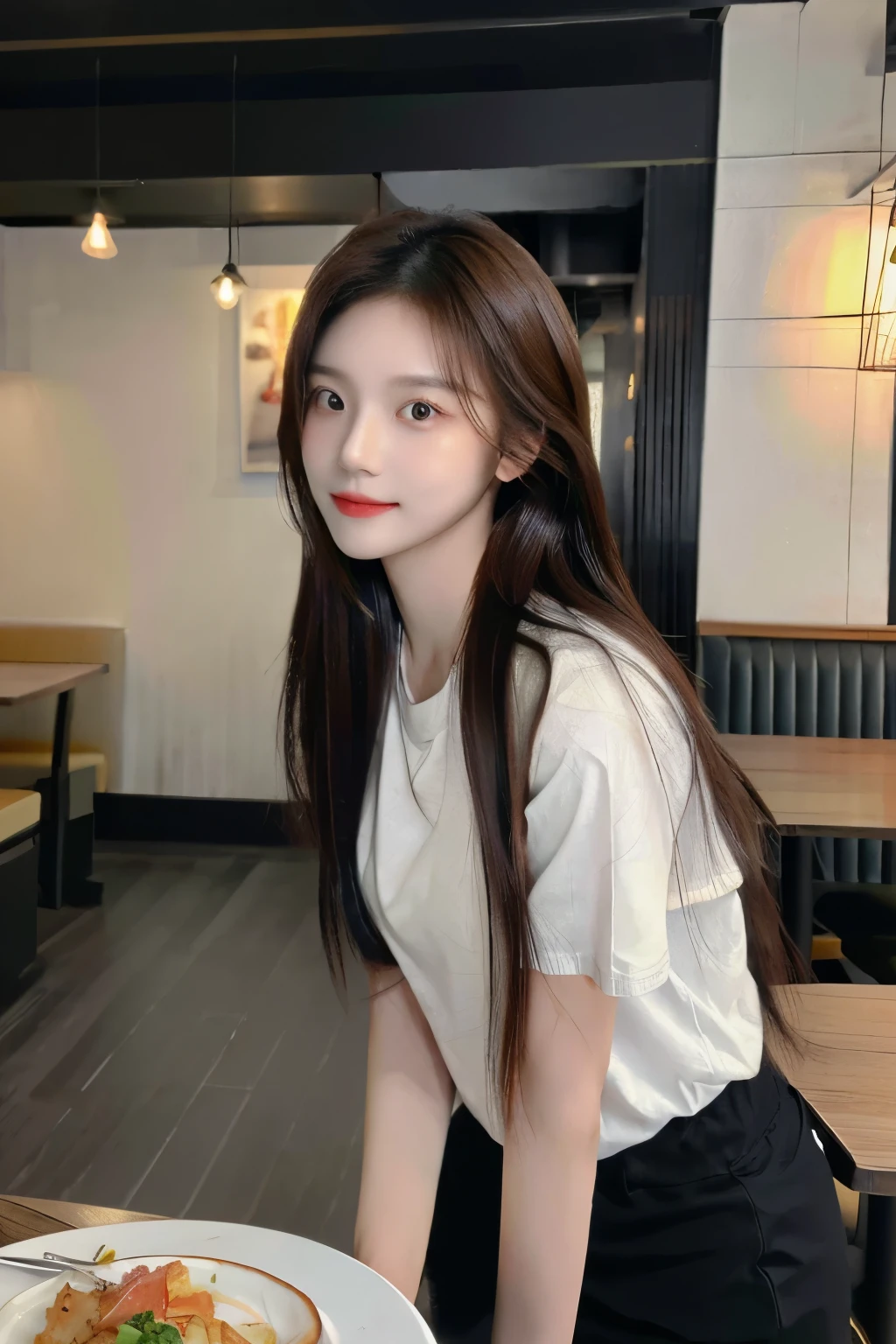 ((Masterpiece, high resolution, ultra detailed, 8k, raw photo)), 1 girl, graceful, soft skin, delicate face, perfect face, perfect eyes, brown hair, long hair, long sleveed t-shirt, cargo pants, pale skin, random pose, be in a small restaurant , sexy girl, (smile: 0.8)