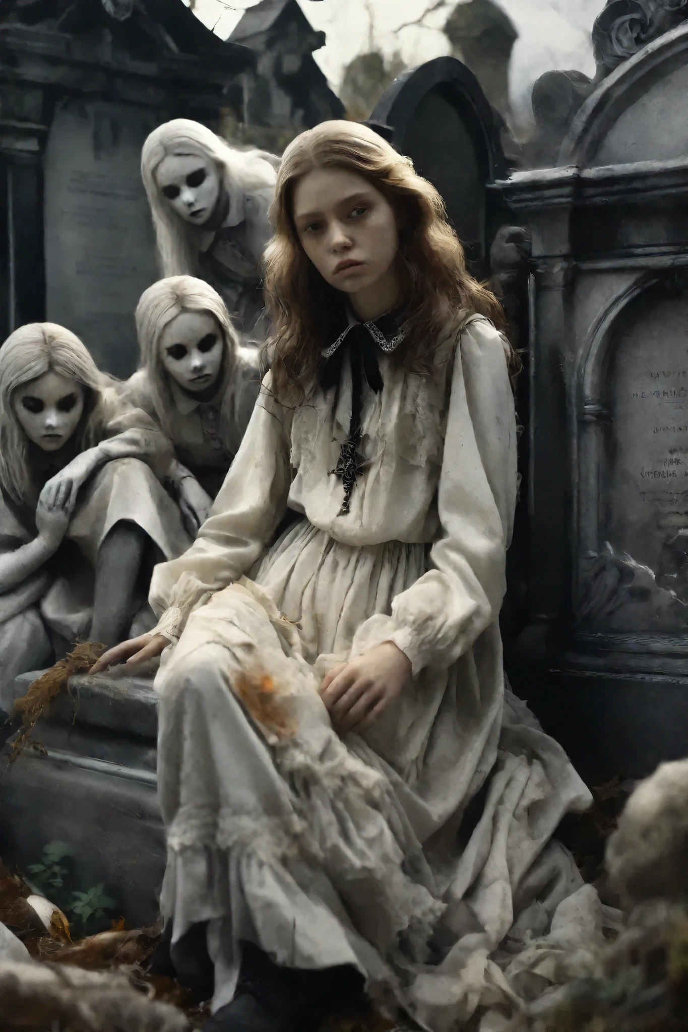 Macabre dolls surround a young woman in a l filthy old cemetery. Large headstones, statues. Struggling in agony, surrounded by tattered dirty dolls and rotting fungus, the woman collapses in front of a large headstone. Ultra realistic, photo realistic, cinematic photography, cinematic lighting, realism, 3D render, hyper detailed, photorealistic, Artistic statues,3D marble Sculpture, Surface cracks, filth and spiderwebs, rough Texture, masterpiece.